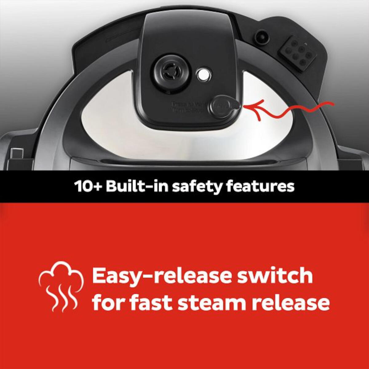 Close up of a black Instant Pot lid with text and an arrow pointing to a switch.