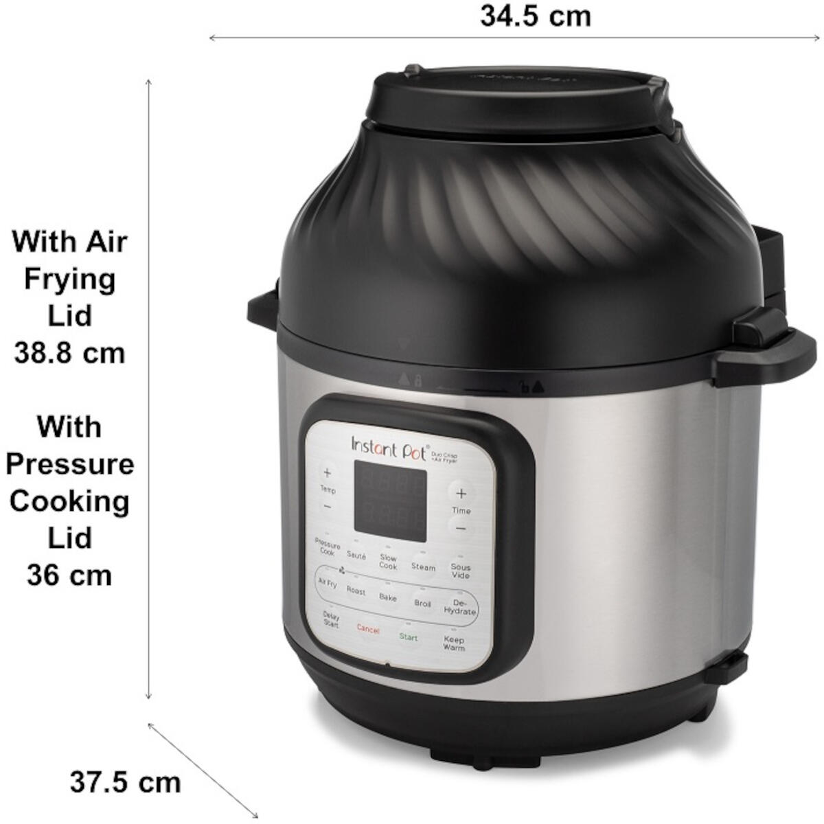 Instant Pot with dimensions, silver and black.
