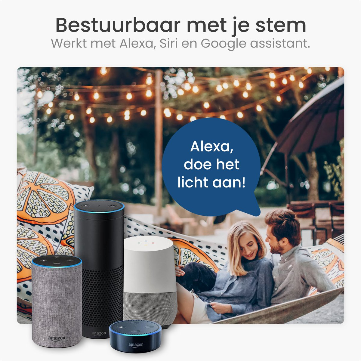 Smart speakers with a text bubble, and people relaxing in the background.