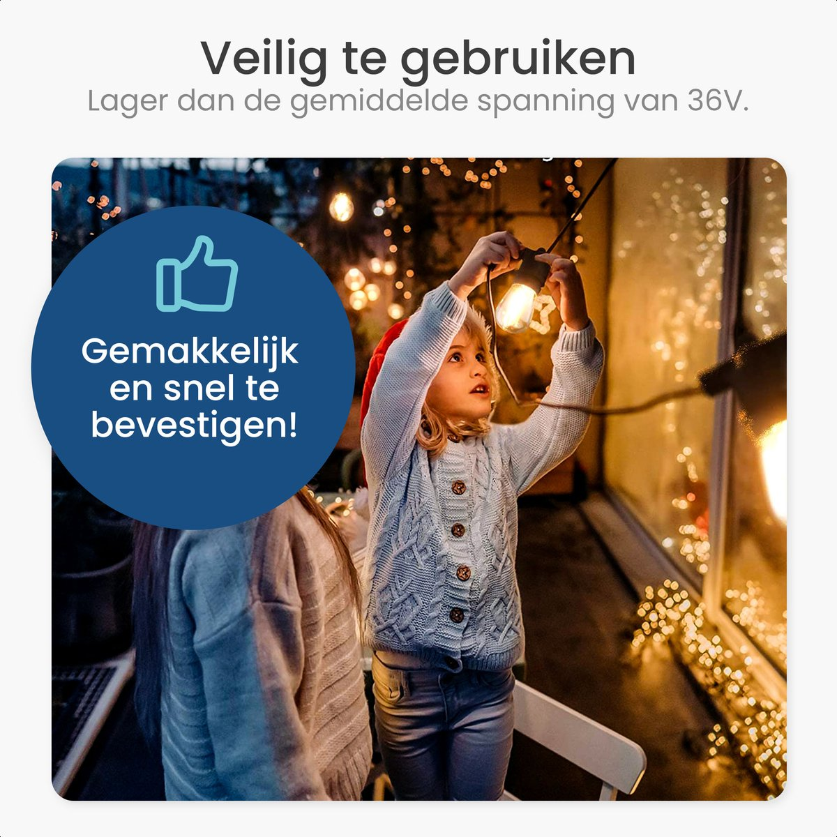 Girl with a Santa hat hangs lights. Text bubbles say 'easy to install'.