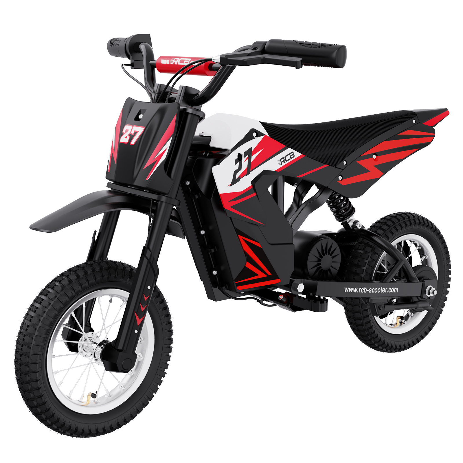 Schwarz-rotes Elektro-Dirtbike mit weißen Akzenten auf weißem Hintergrund.