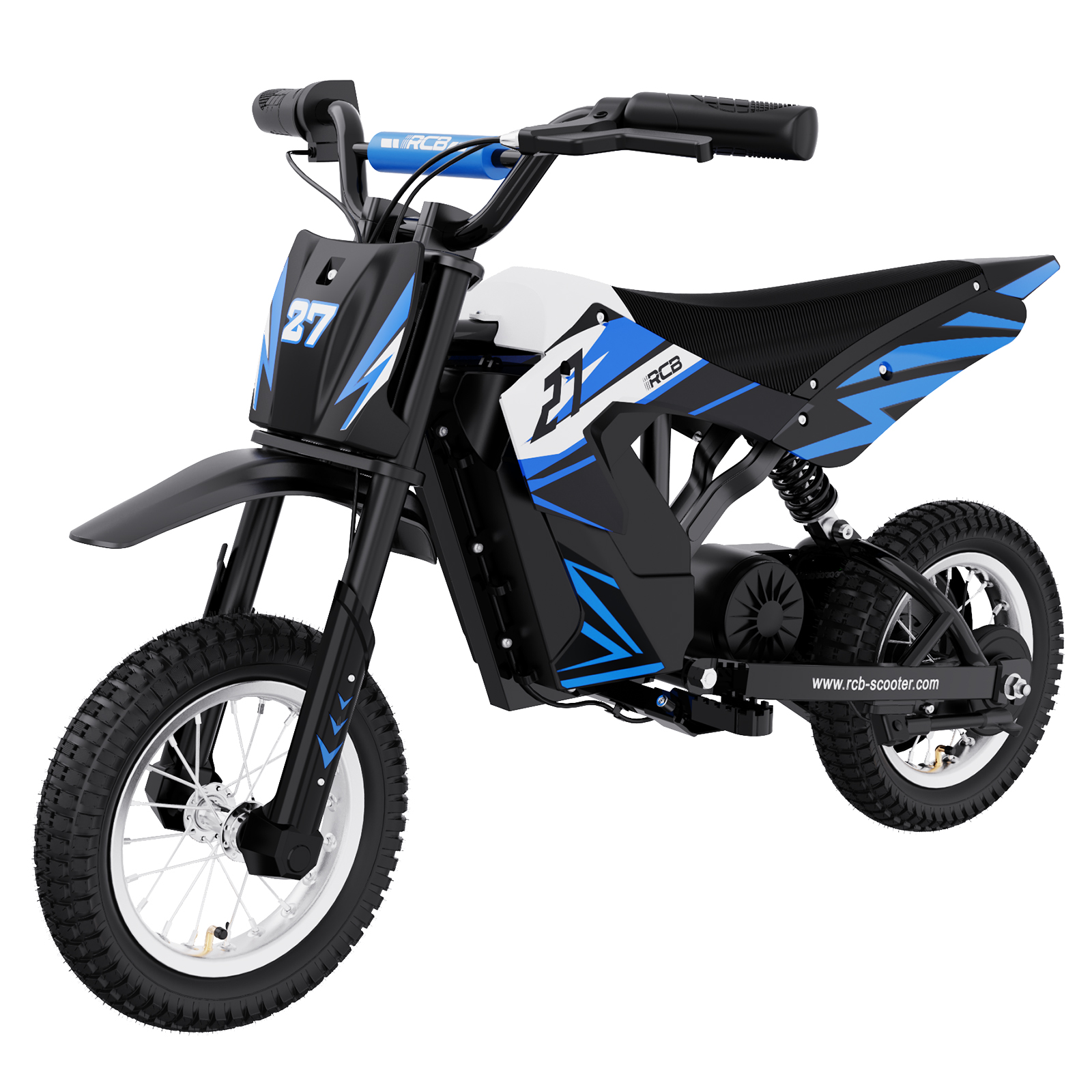 Ein schwarz-blaues Spielzeugmotorrad. Es hat die Nummer 27.