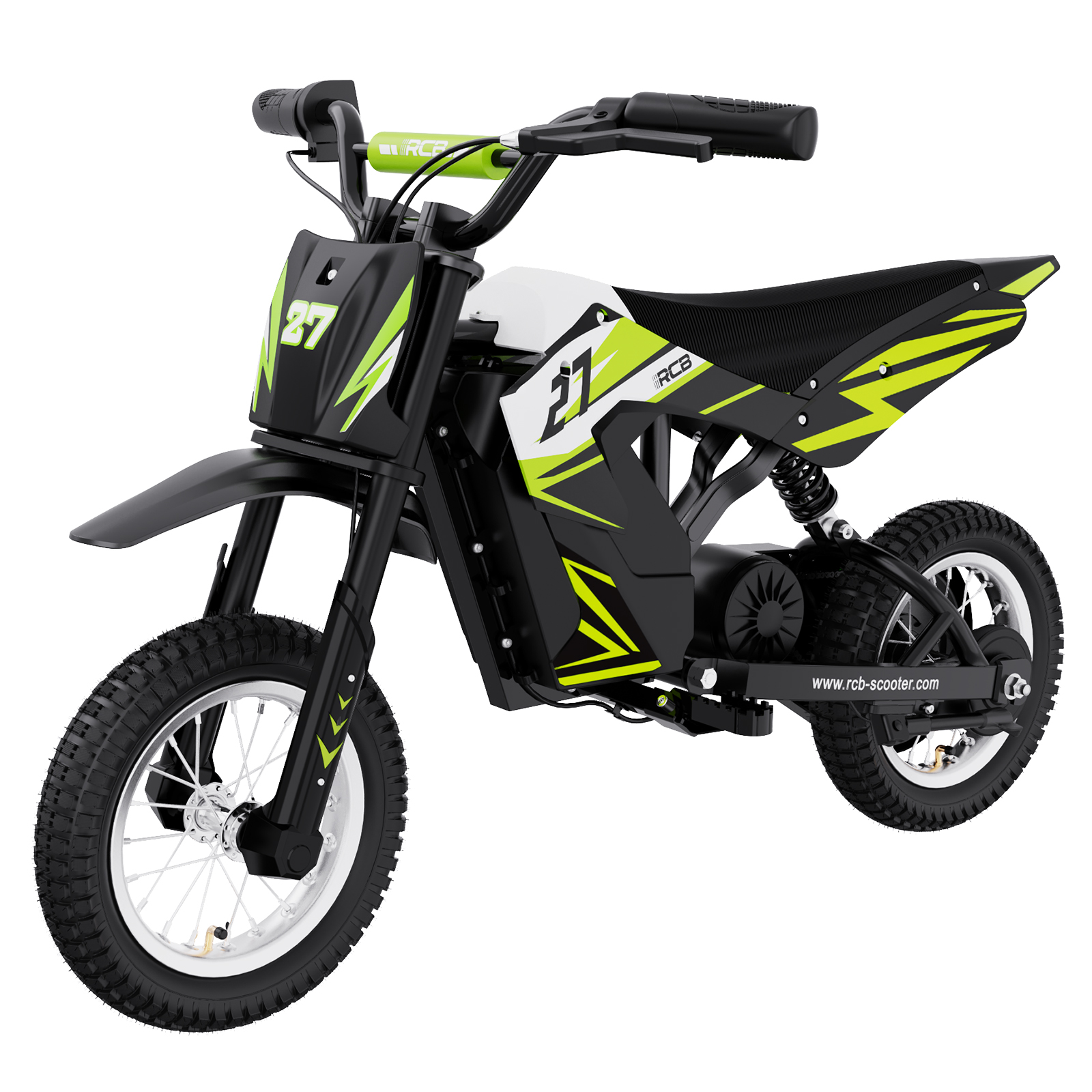 Ein schwarz-grünes Spielzeugmotorrad. Es hat die Nummer 27 vorne und die Räder sind schwarz.