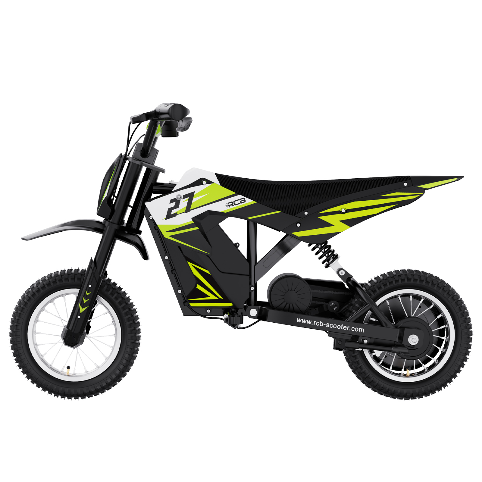 Schwarz-grünes Elektro-Dirtbike, weißer Hintergrund.