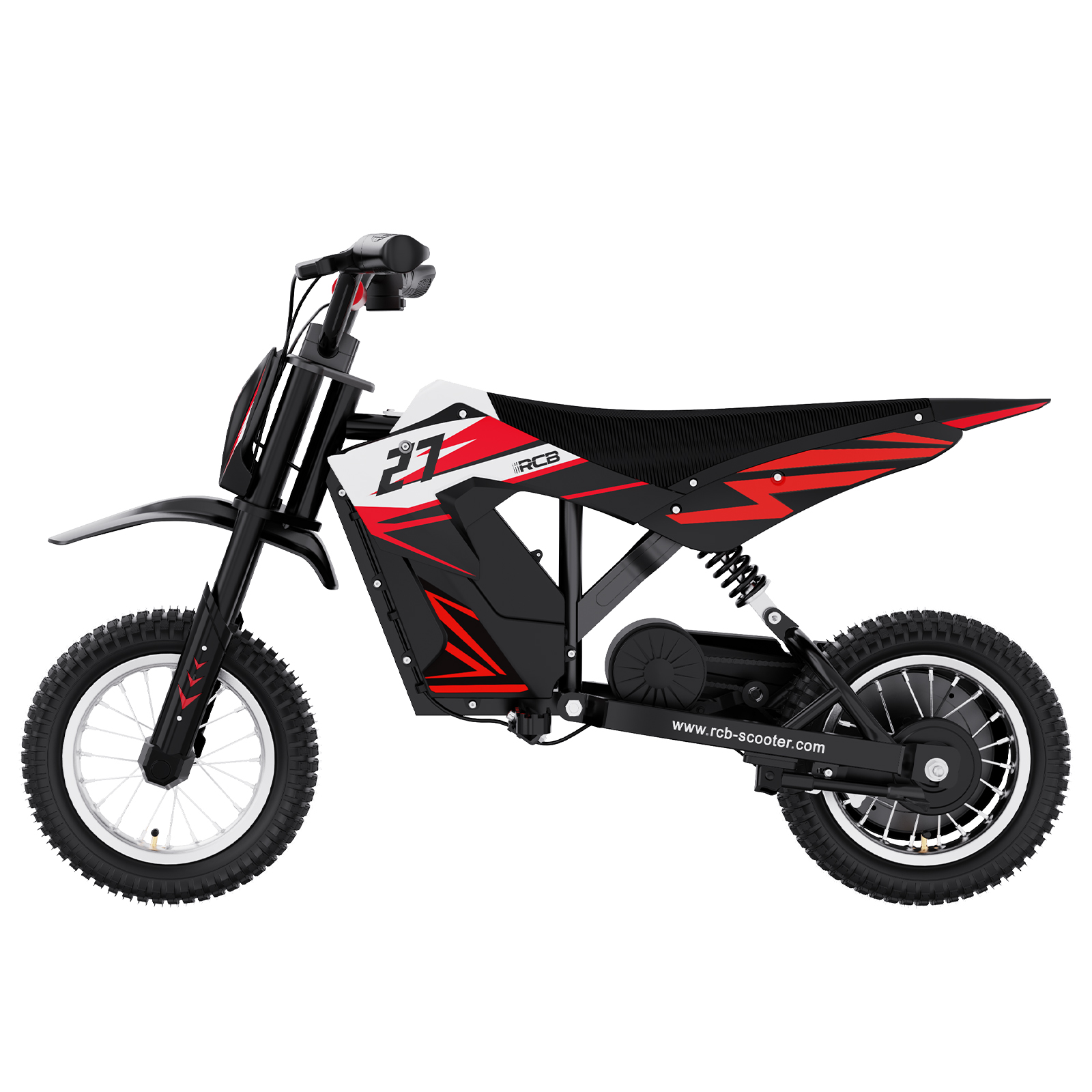Ein schwarz-rotes Elektro-Dirtbike. Die Räder sind schwarz mit weißen Reifen.