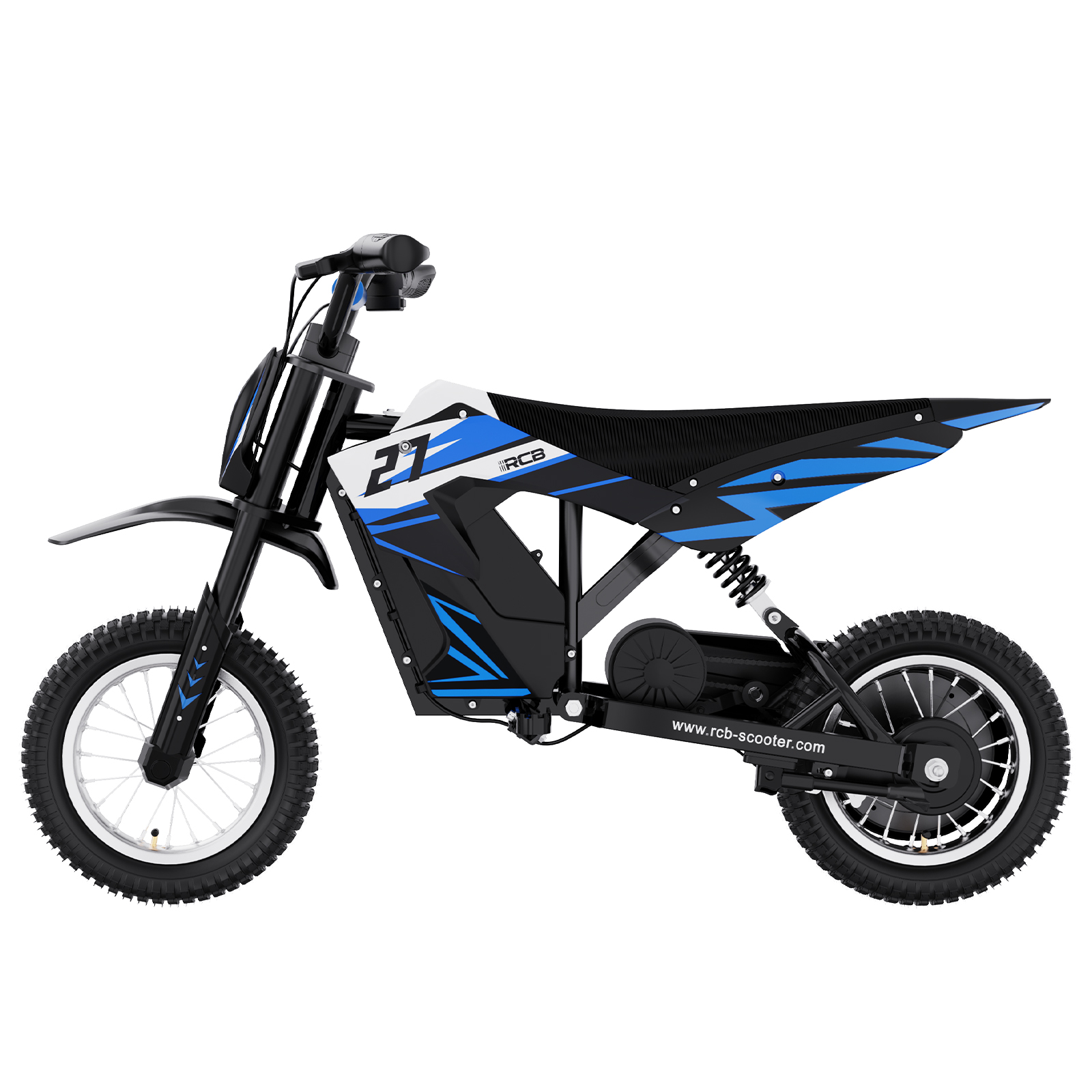 Ein schwarzes und blaues elektrisches Dirtbike auf weißem Hintergrund.