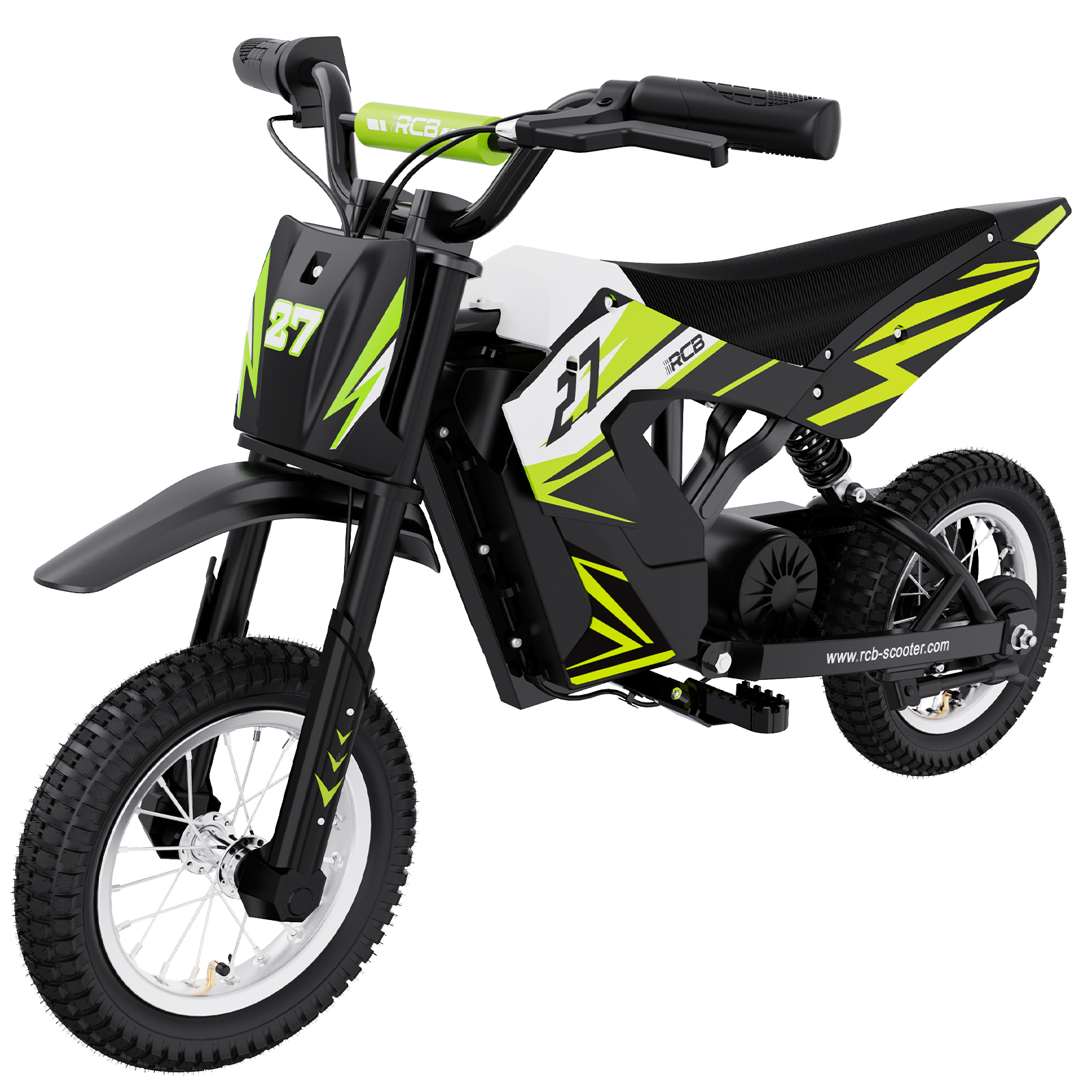 Schwarz-grünes Spielzeug-Dirtbike mit der Nummer 27, vor weißem Hintergrund.