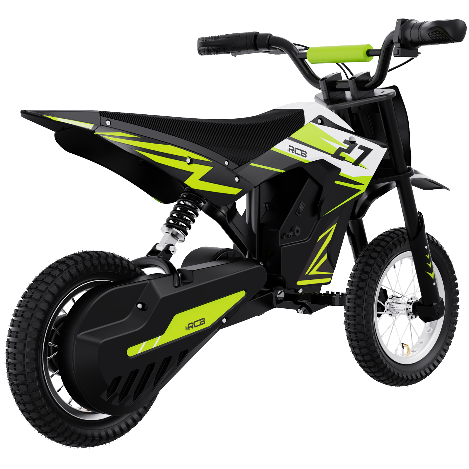 Ein schwarz-grünes Spielzeugmotorrad. Das Motorrad hat einen schwarzen Sitz und Räder.