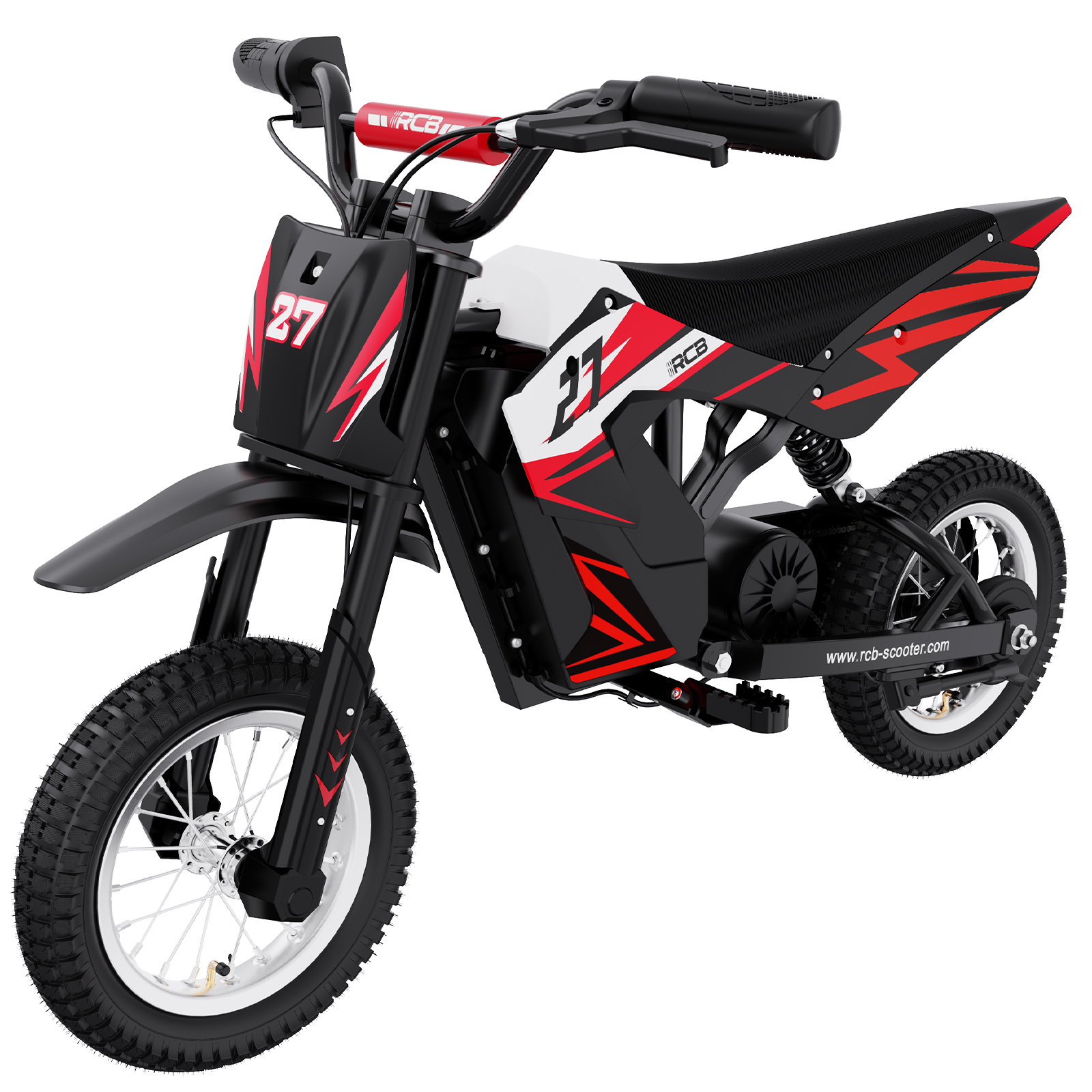 Rotes und schwarzes Elektromotorrad, isoliert auf weißem Hintergrund.