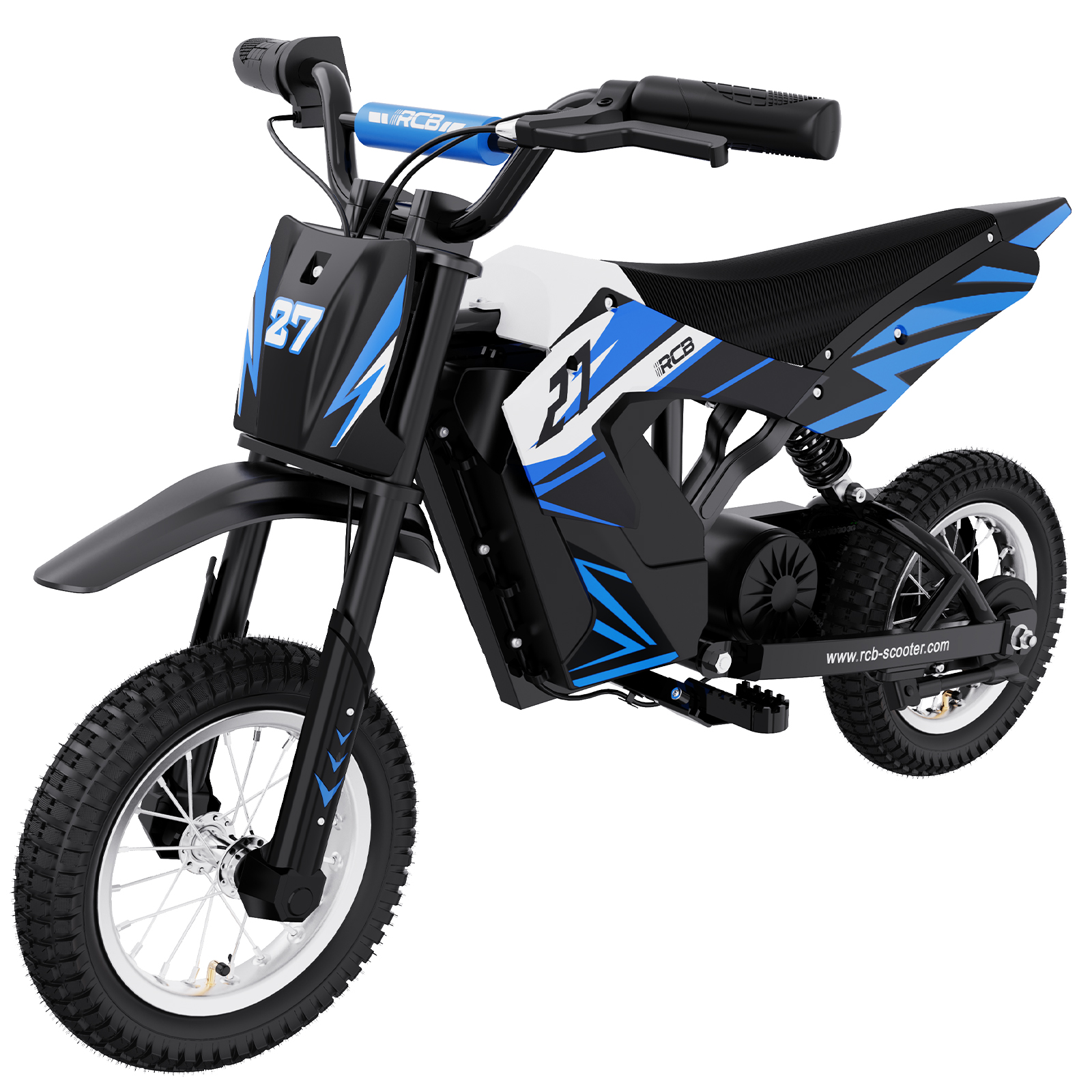Kleines Elektro-Dirtbike, hauptsächlich schwarz und blau. Es hat die Nummer 27 und weiße Reifen.