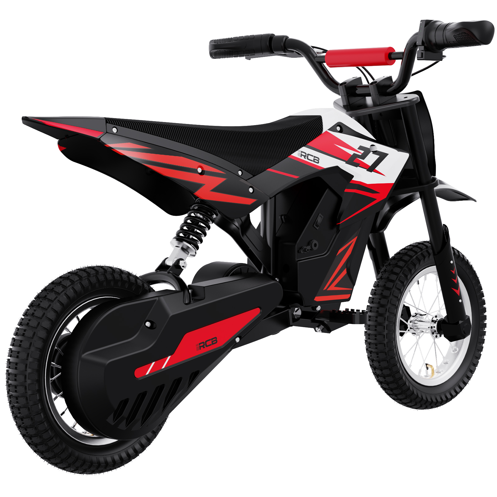Ein rotes, schwarzes und weißes Spielzeugmotorrad mit schwarzem Sitz, Rädern und der Zahl 71.