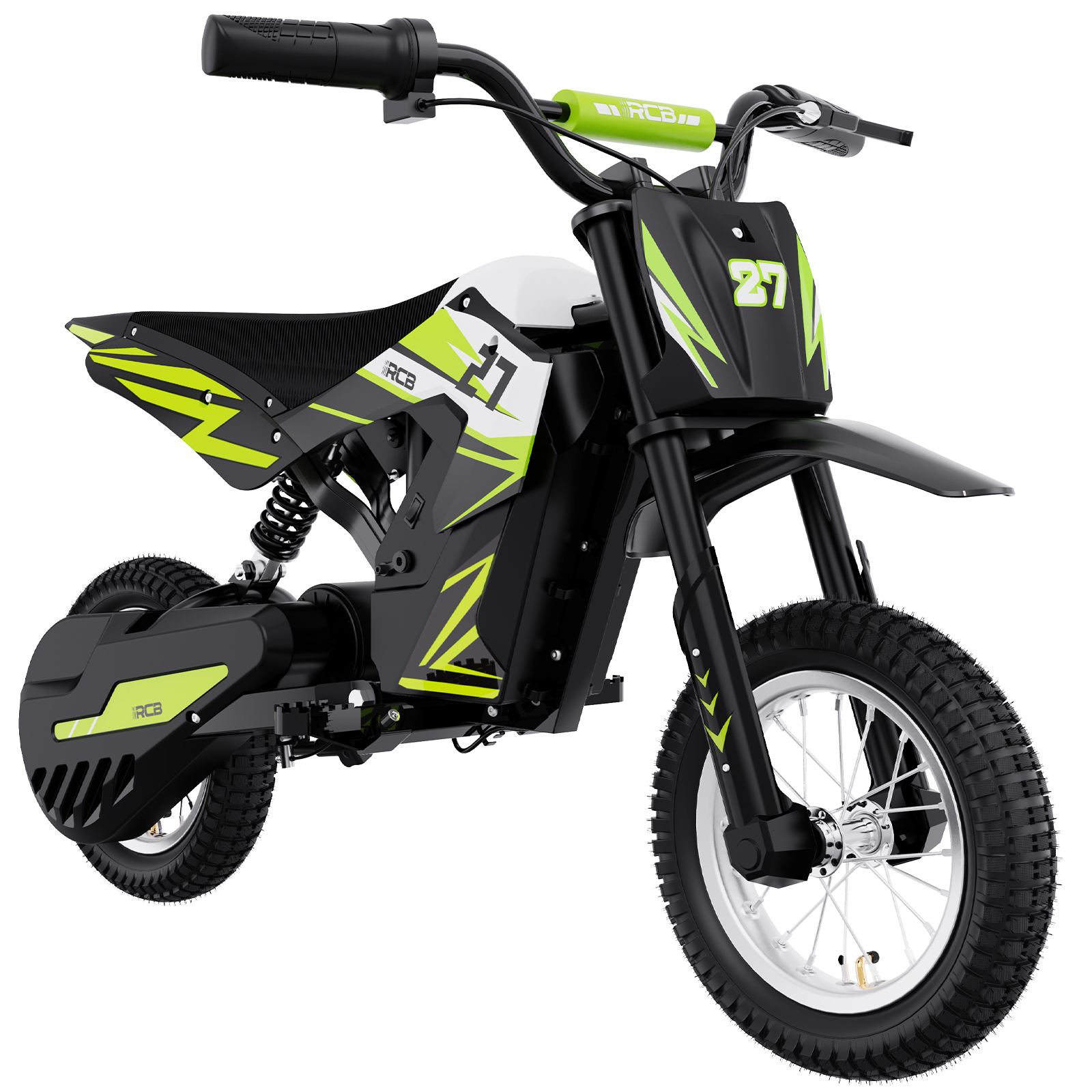 Schwarz-grünes Elektromotorrad-Spielzeug mit der Nummer 27 auf der Front.