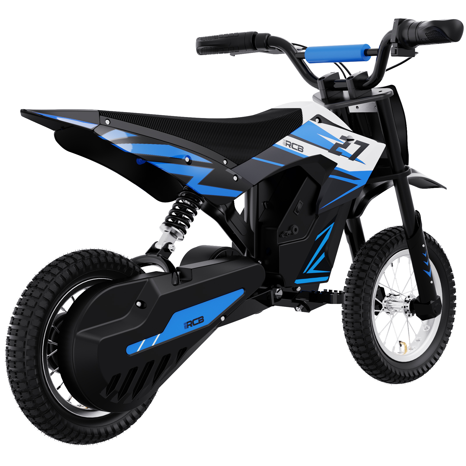 Ein blau-schwarzes Spielzeugmotorrad. Das Motorrad hat einen schwarzen Sitz und befindet sich auf weißem Hintergrund.