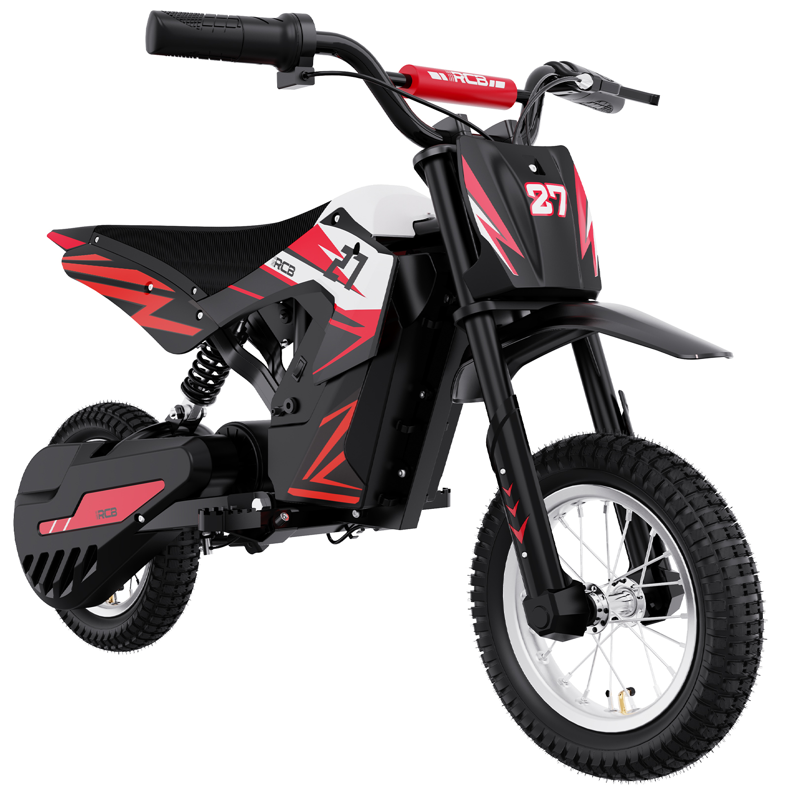 Ein rot-schwarzes Mini-Motorrad auf weißem Untergrund. Es hat die Nummer 27 vorne und das RC-Logo.