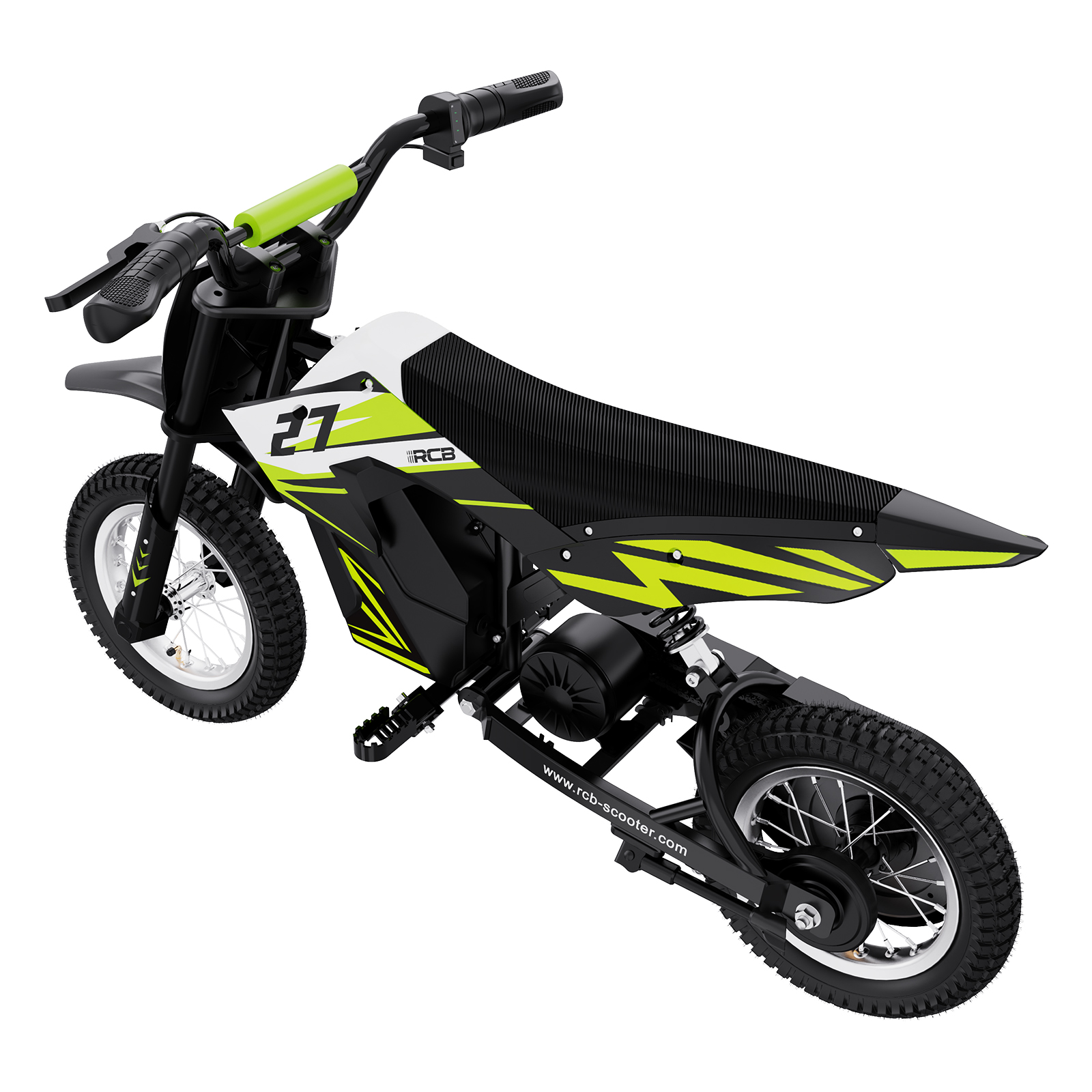 Schwarz-grünes Elektro-Dirtbike mit der Nummer 27, weißer Hintergrund.