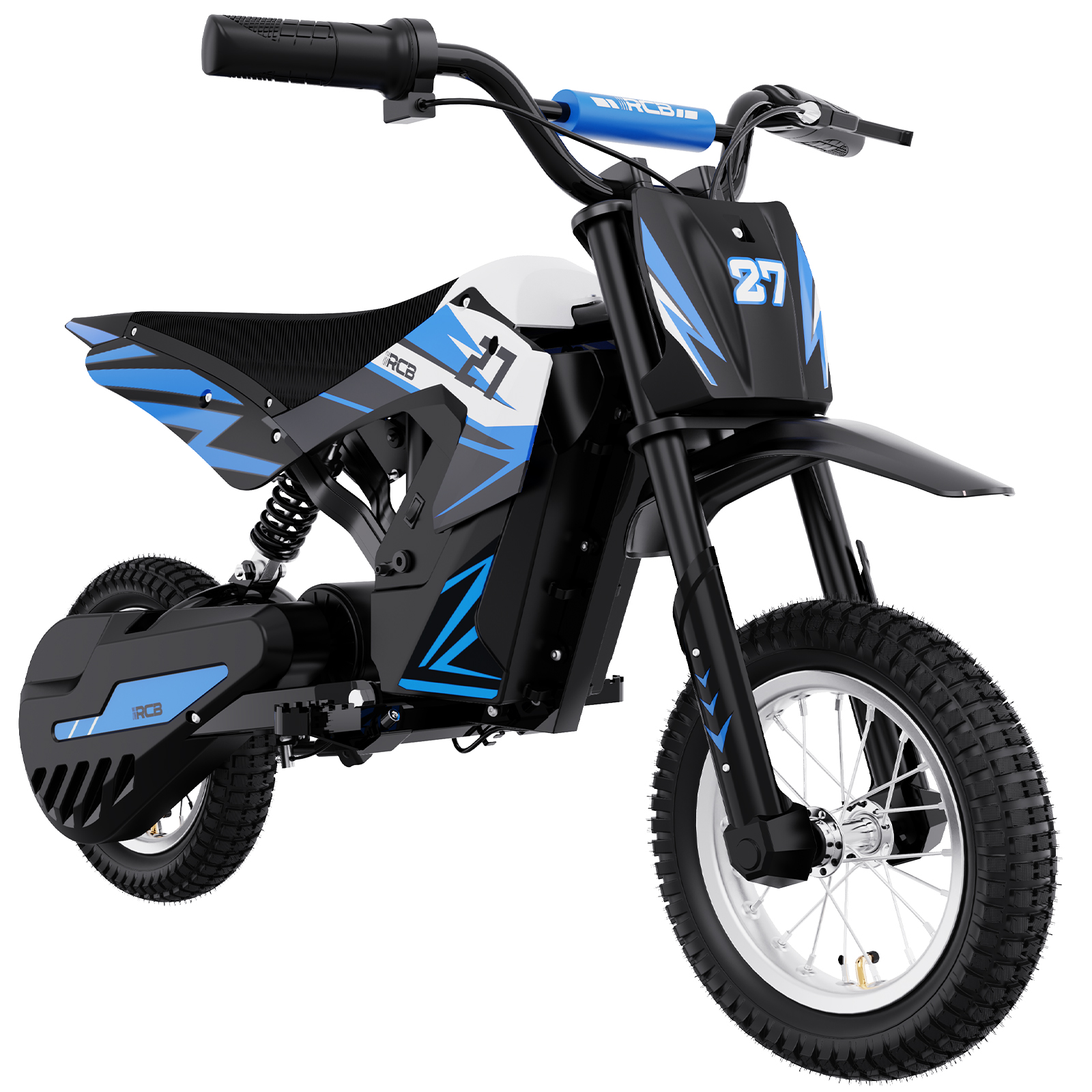 Ein blaues und schwarzes Spielzeug-Dirtbike auf weißem Untergrund.