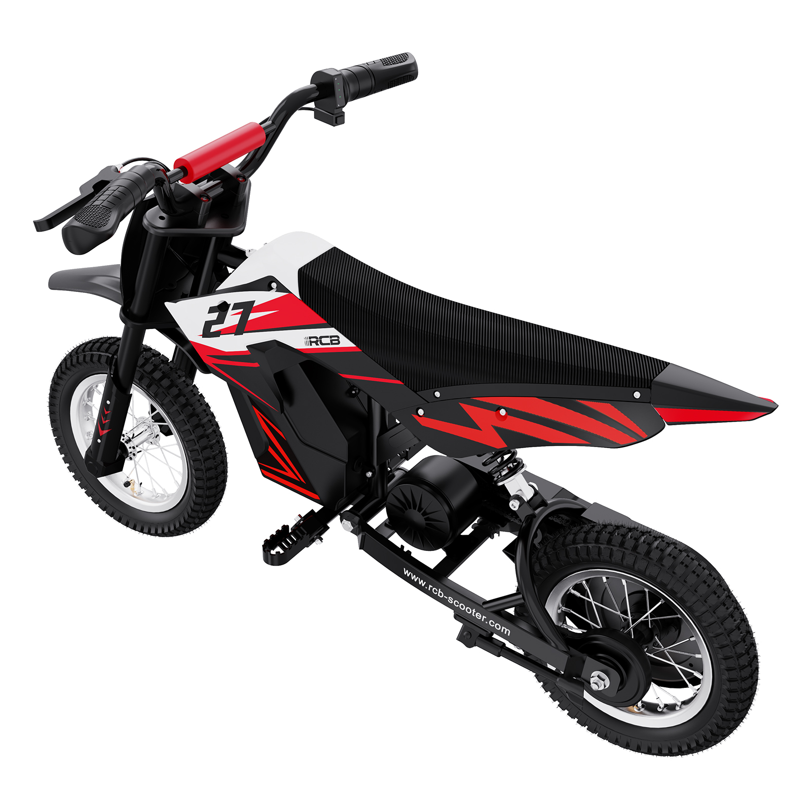 Ein rotes, weißes und schwarzes Spielzeugmotorrad mit der Nummer 27 an der Seite.