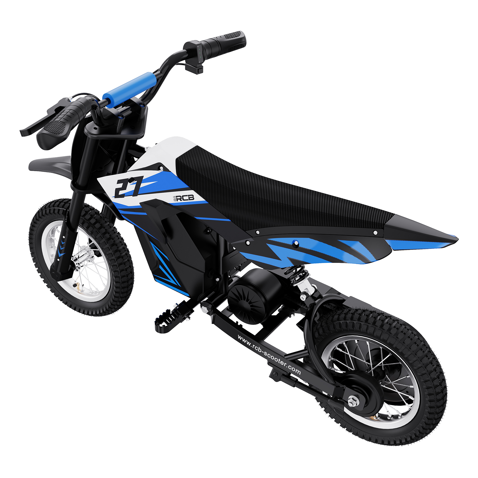 Ein schwarzes, blaues und weißes Elektro-Dirtbike mit schwarzen Reifen und einem blauen Lenker.