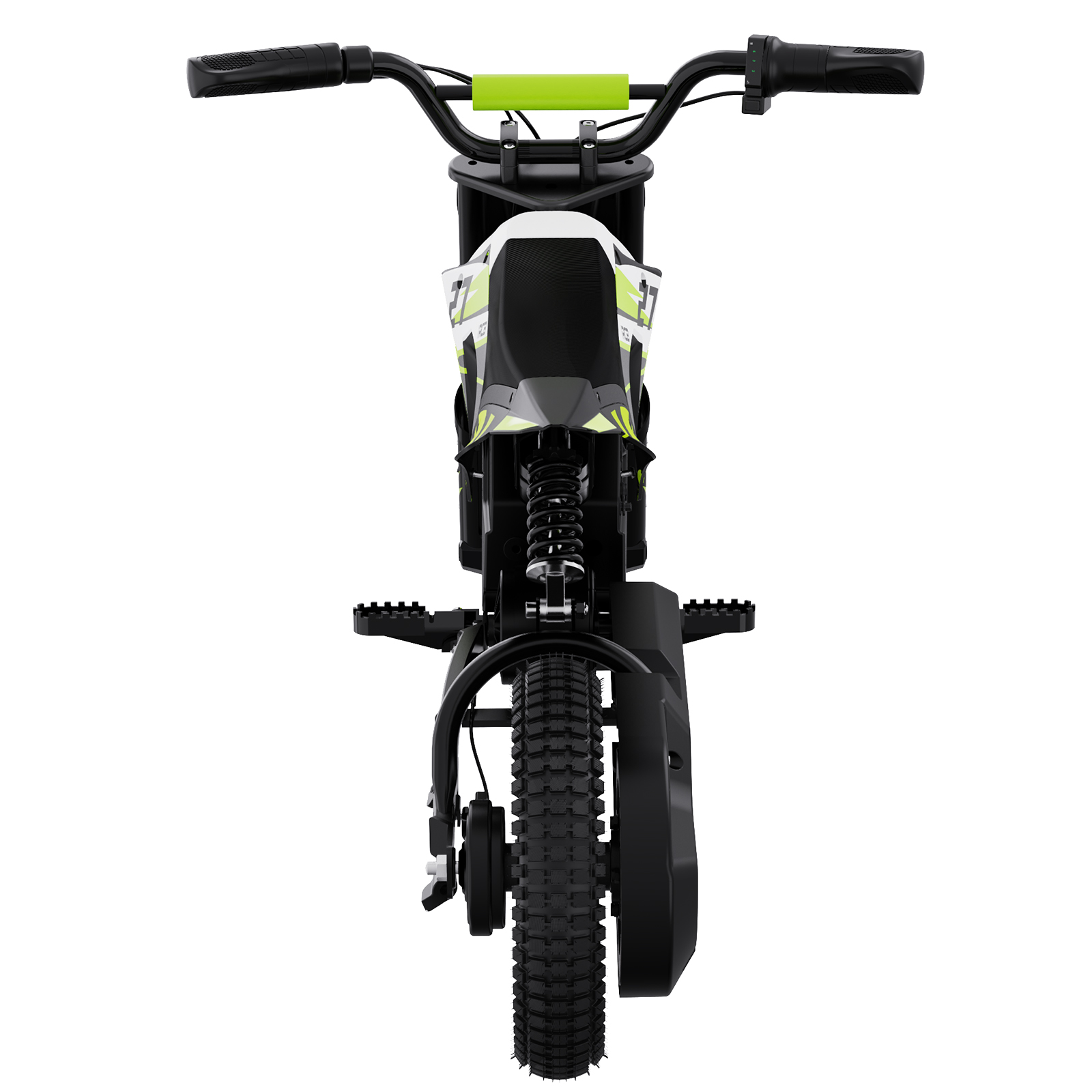 Elektrisches Motorrad, Vorderansicht. Schwarz-grünes Farbschema.