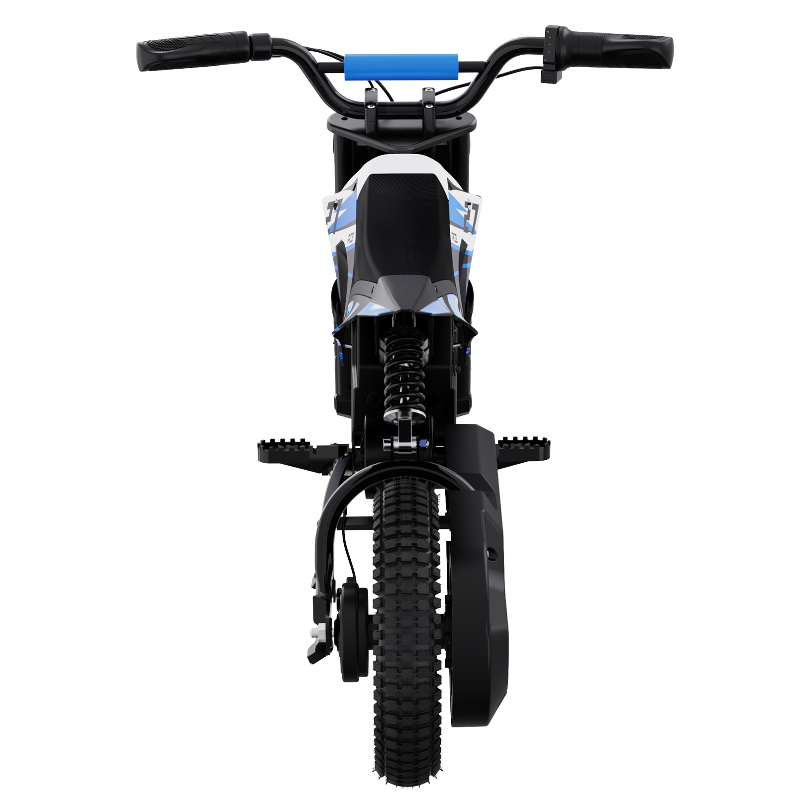 Schwarz-blaues Elektro-Dirtbike, von hinten gesehen, mit schwarzen Reifen und Federung. Der Lenker ist blau.