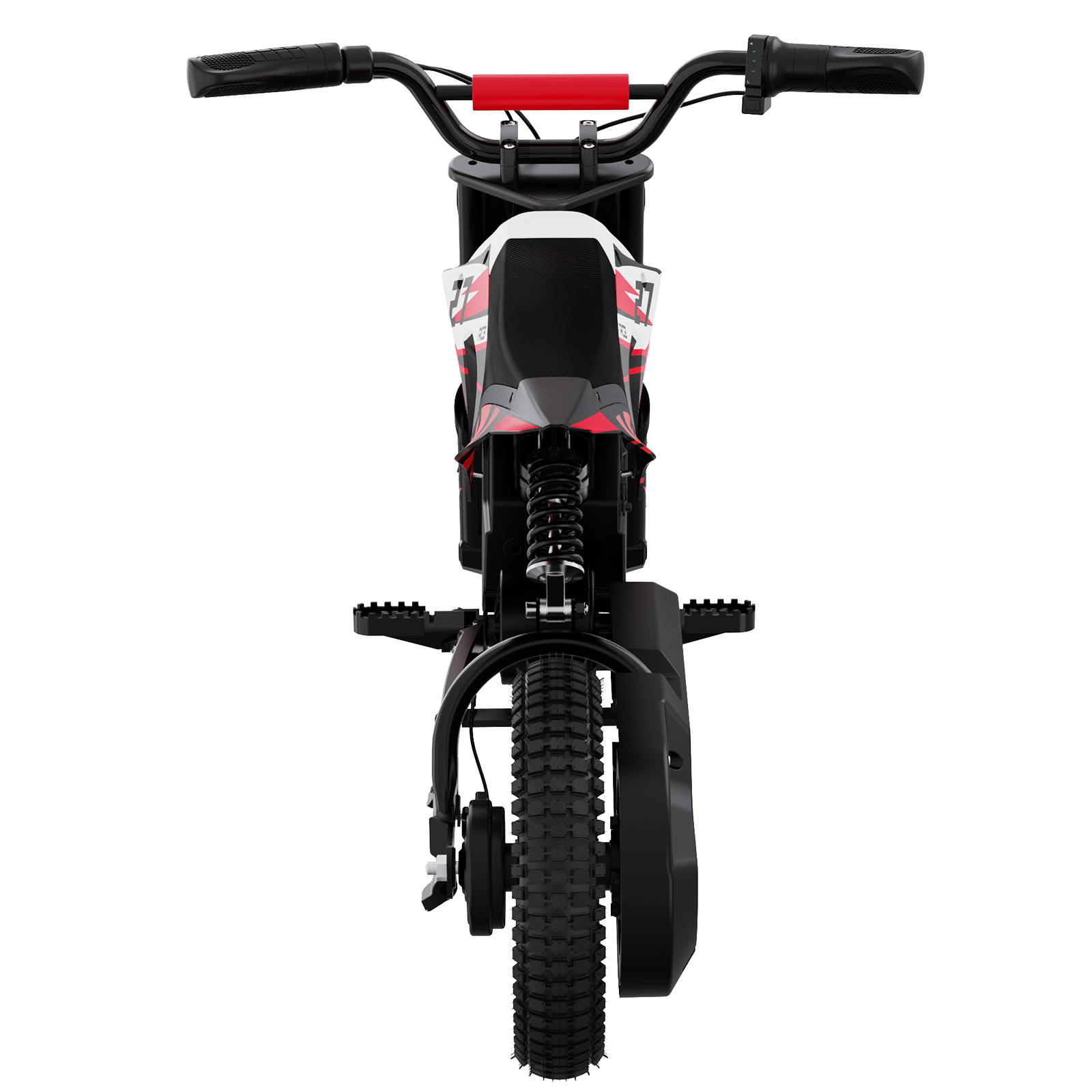 Schwarzes und rotes Elektro-Dirtbike, Vorderansicht, Lenker und Sitz sichtbar.