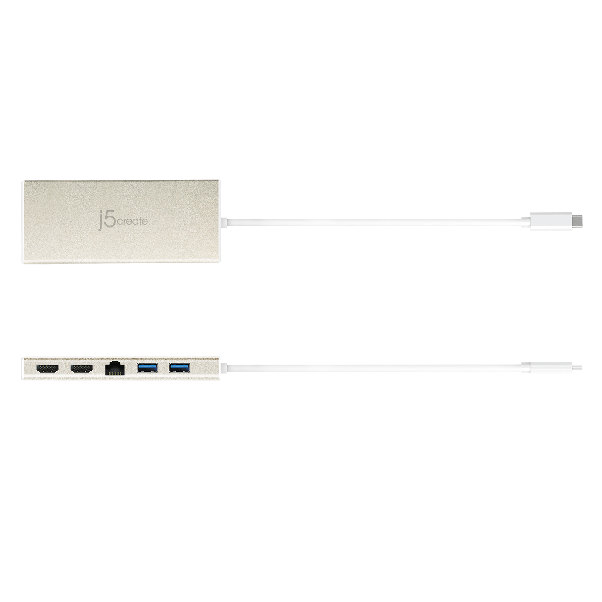 Silberner j5create Hub mit mehreren Anschlüssen, einschließlich HDMI, Ethernet und USB, auf weißem Hintergrund.