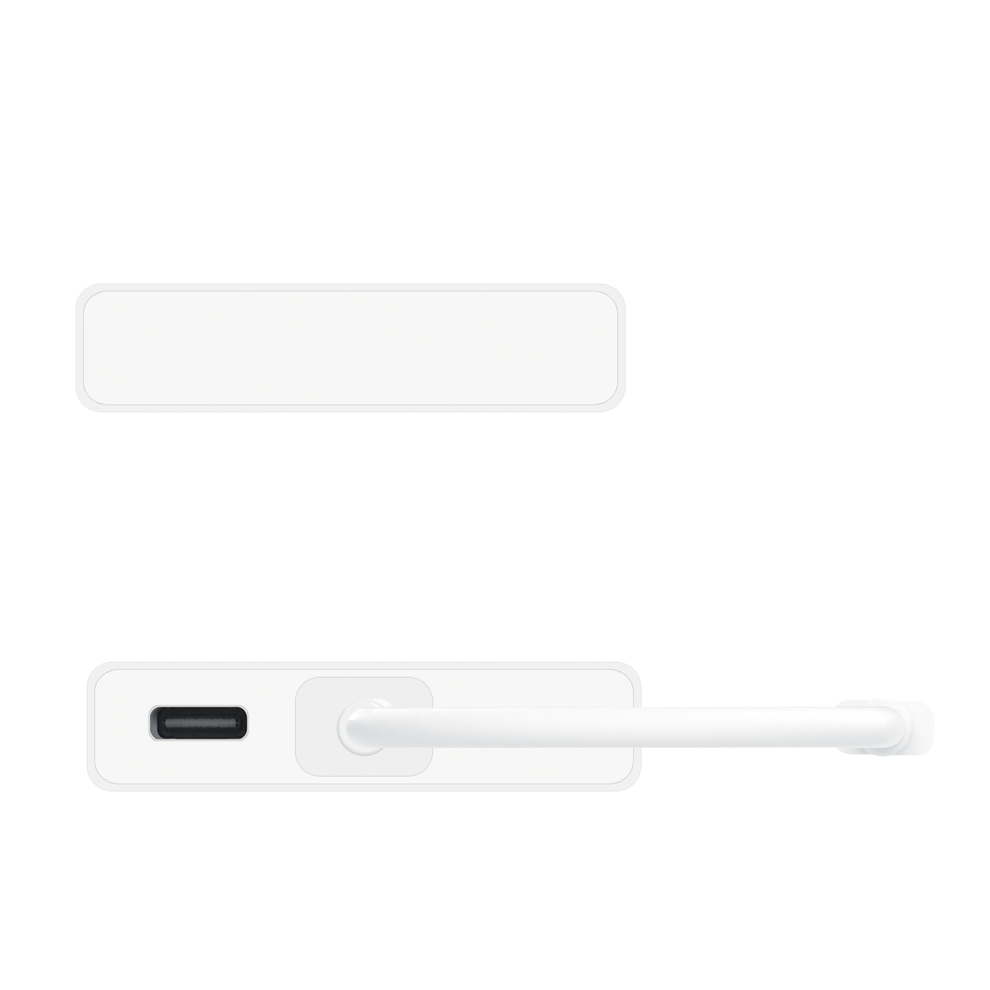 Zwei weiße USB-C-Adapter: ein rechteckiger und einer mit Griff und Anschluss.