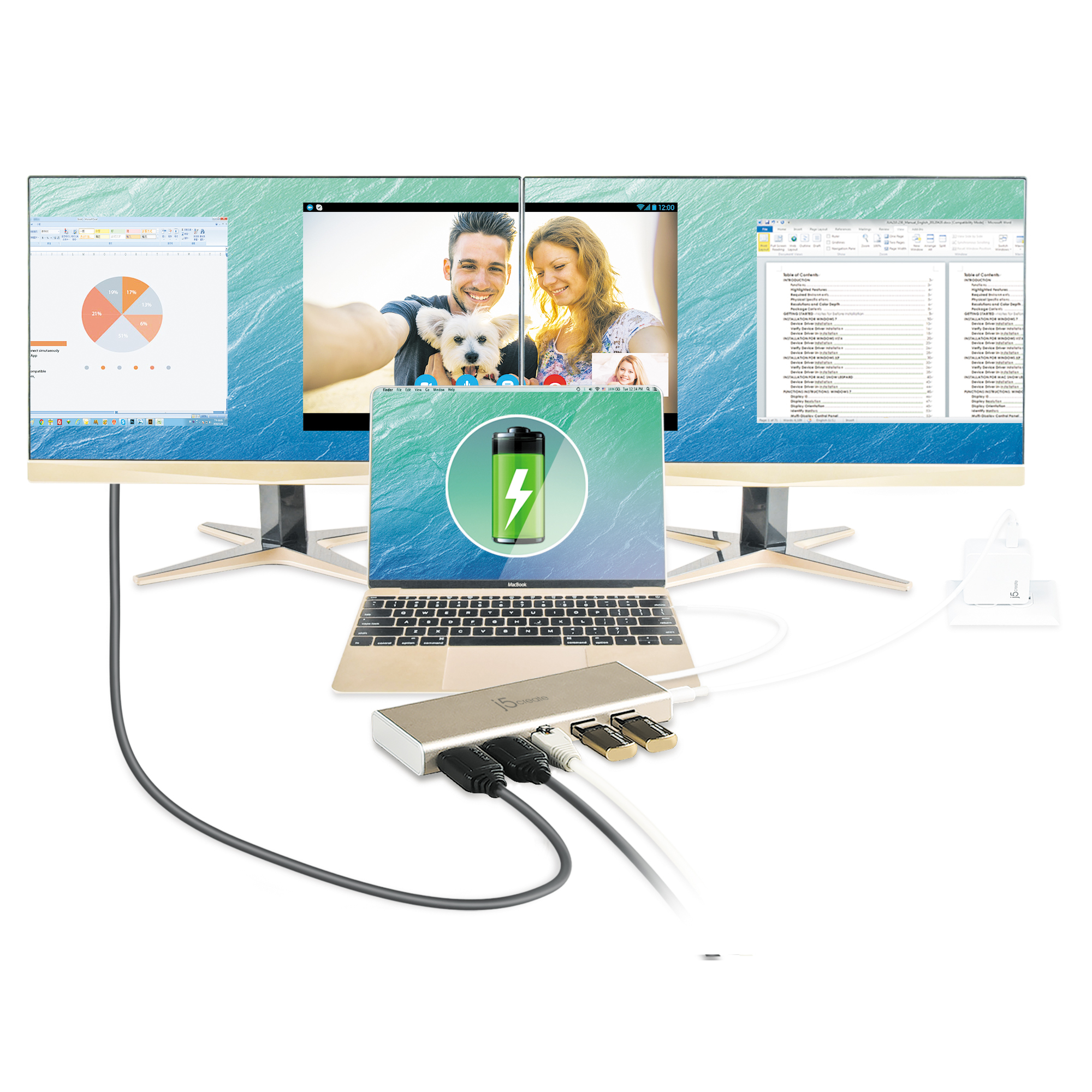 Laptop mit zwei Monitoren verbunden. Videoanruf auf den Monitoren. Weißer Hintergrund.