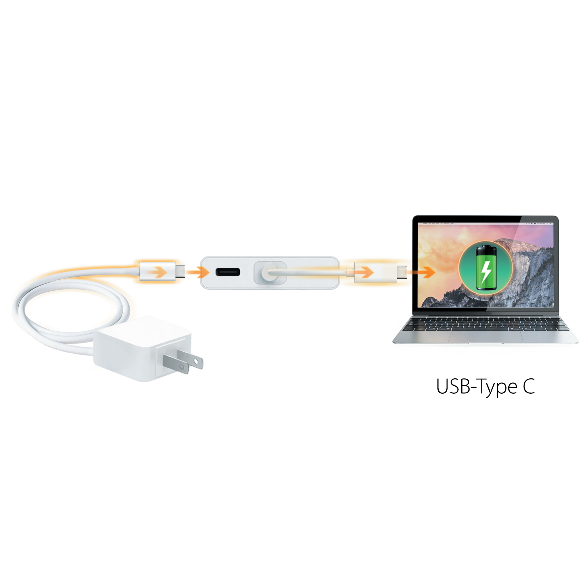 Laptop wird mit USB-C-Kabel, Netzteil und Ladegerät aufgeladen. Pfeile zeigen die Flussrichtung.