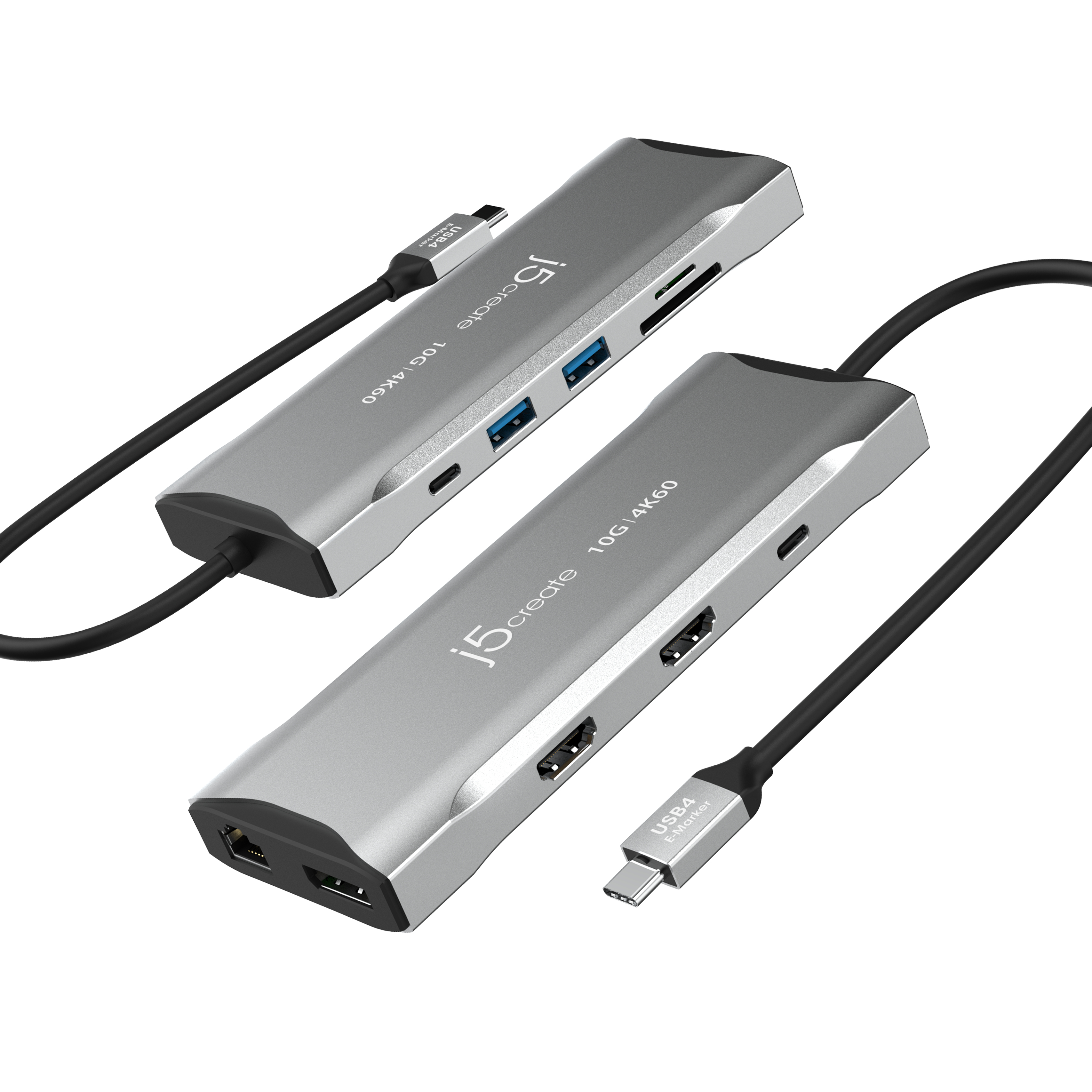 Zwei silberne USB-C-Hubs mit mehreren Anschlüssen und schwarzen Kabeln. Einer hat USB-C.