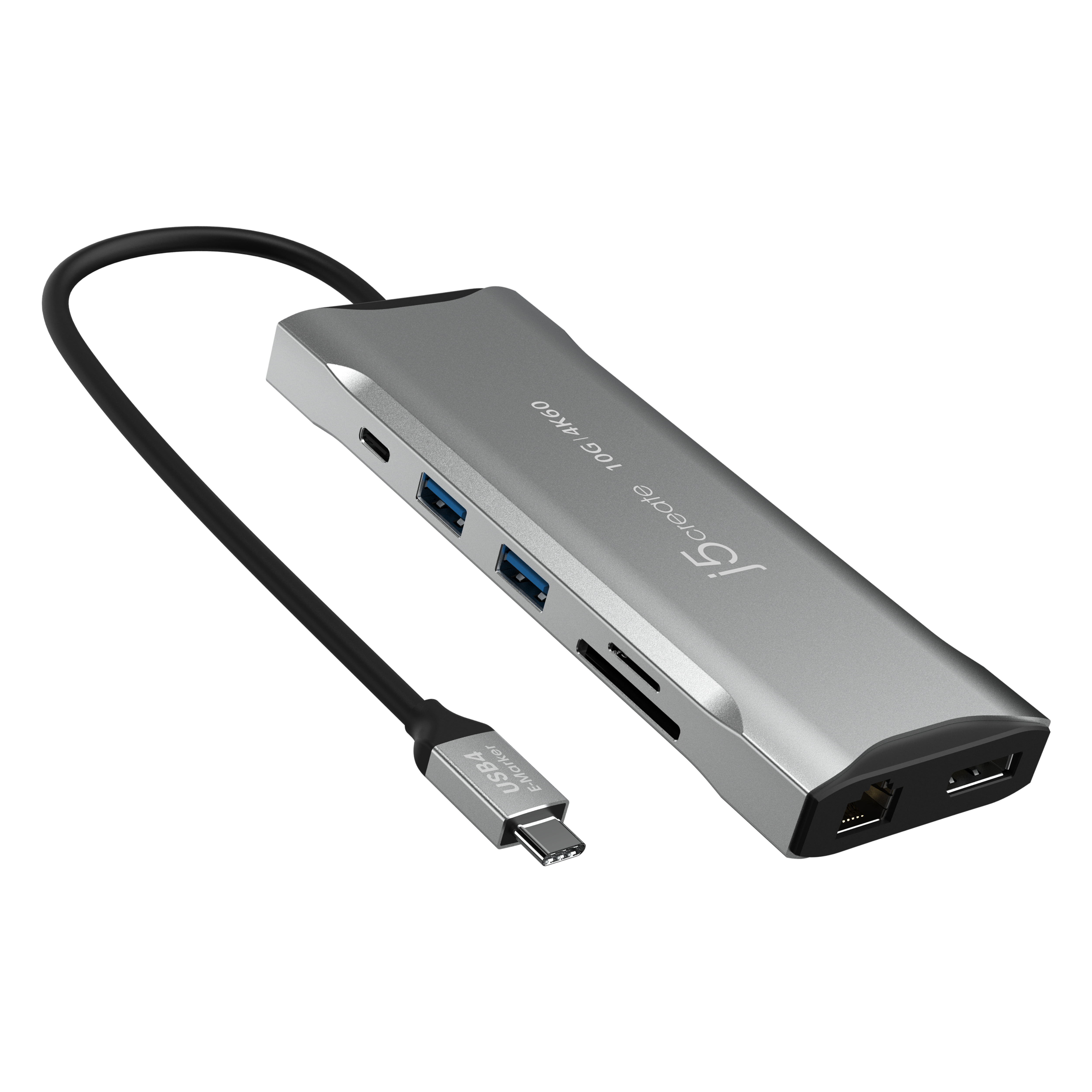Silberner USB-C-Hub mit mehreren Anschlüssen, verbunden mit einem schwarzen USB-Kabel.
