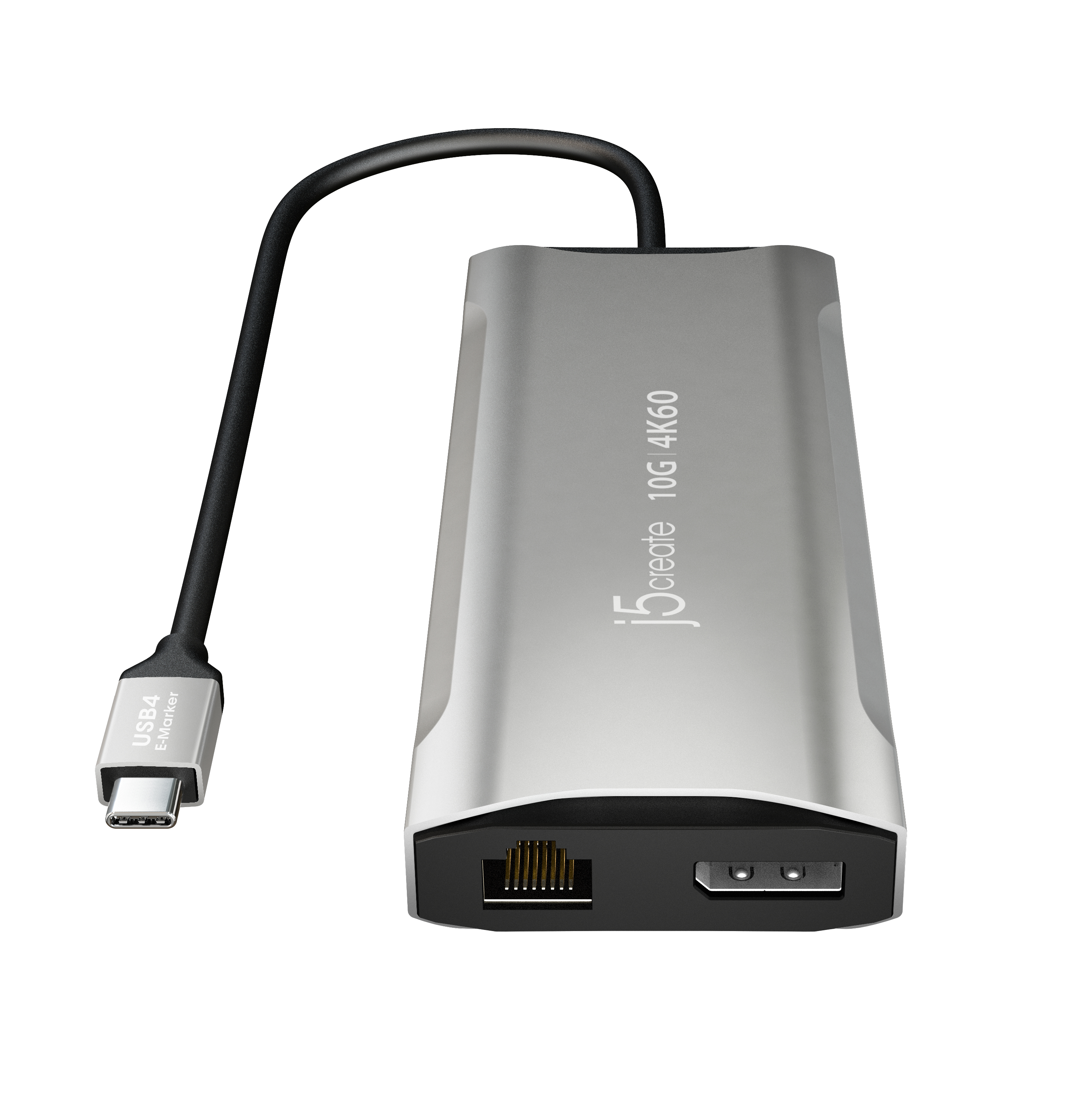 Silberner USB-C-Hub mit schwarzem Kabel, USB-A-Anschluss und Ethernet-Anschluss, weißer Hintergrund.