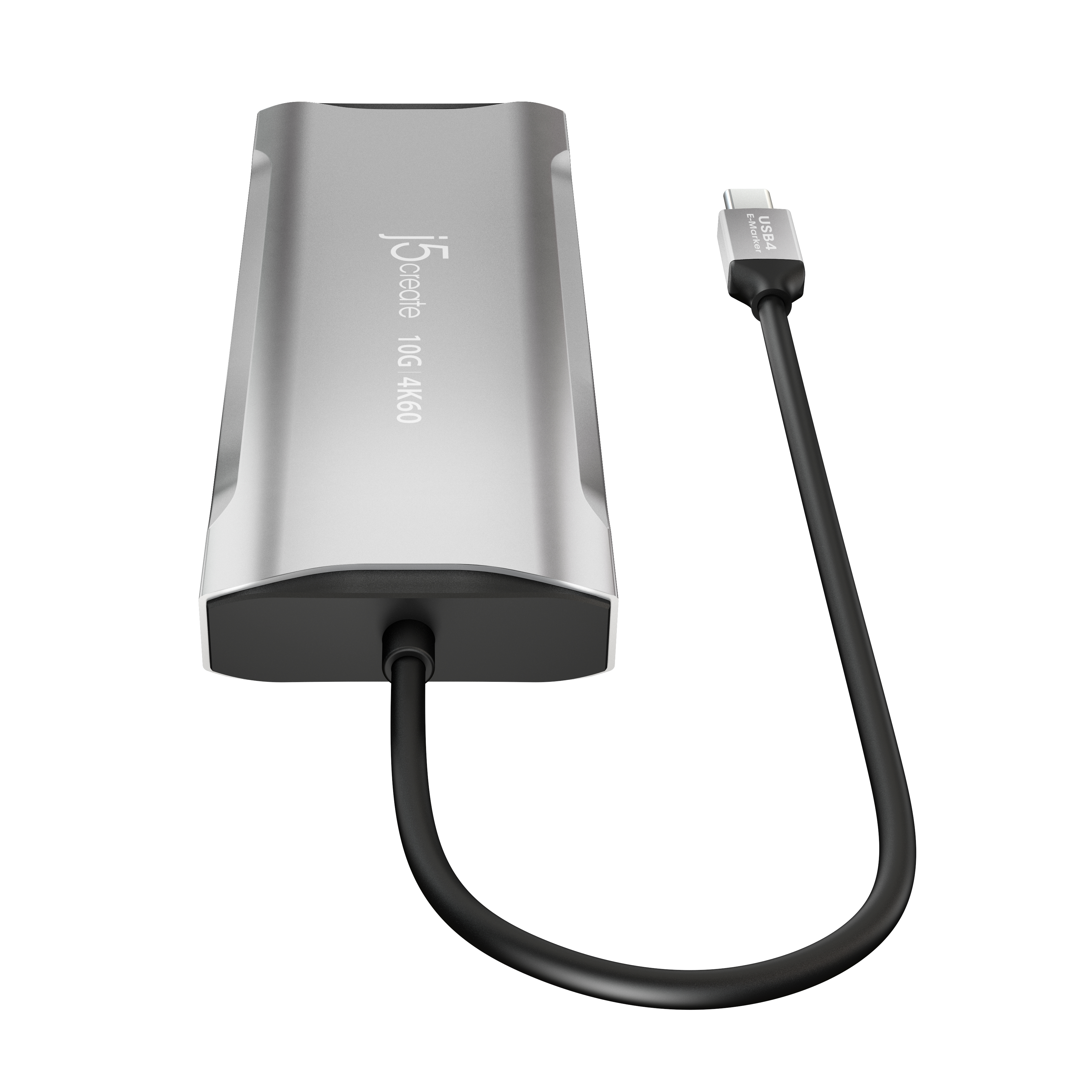 Ein silberner USB-C-Hub mit Kabel, isoliert auf Weiß, beschriftet mit 'j5create 10G 4K60'.