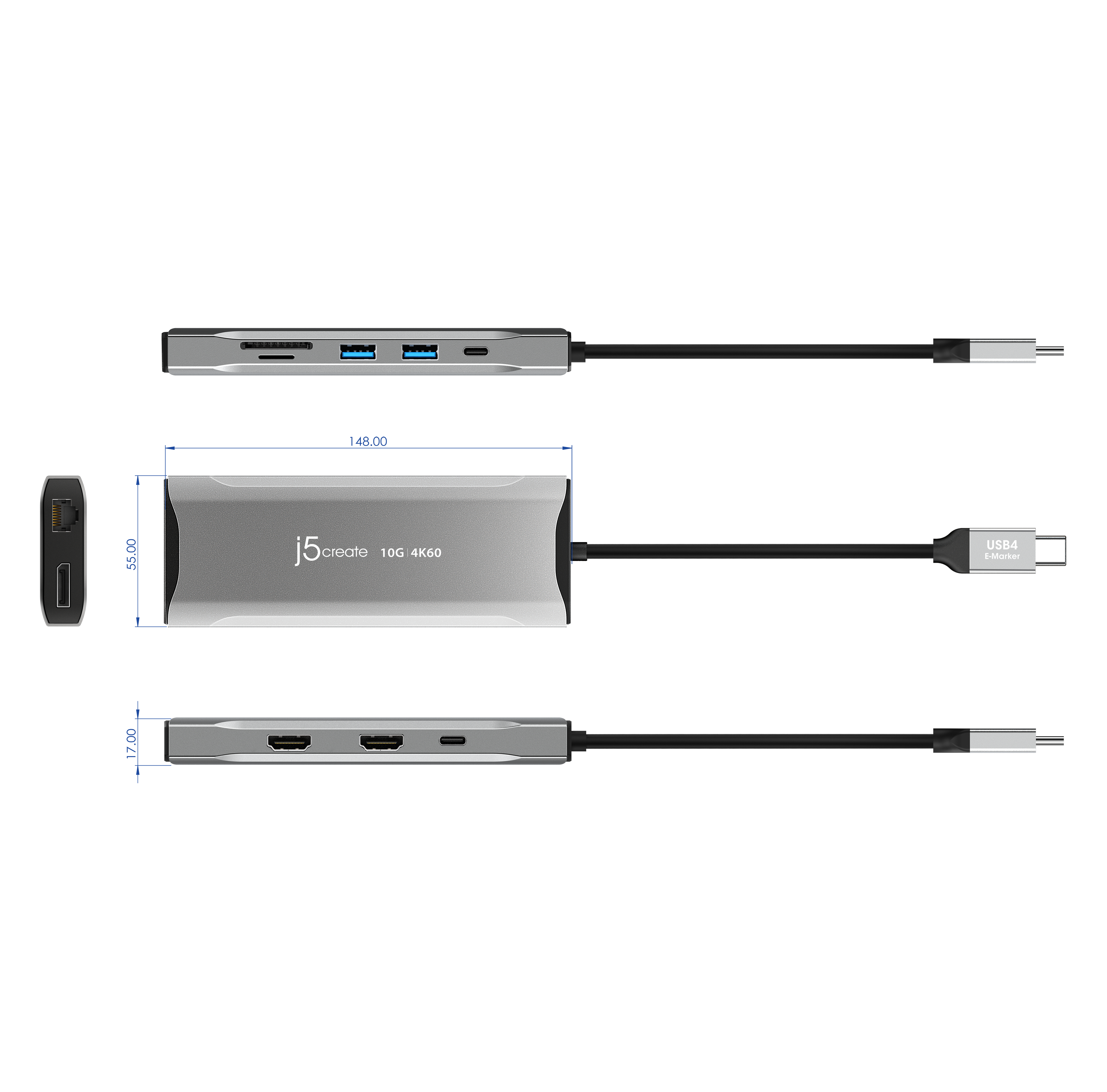 Ein silberner USB-C-Hub mit verschiedenen Anschlüssen, einschließlich USB, HDMI und Ethernet, mit Abmessungen.