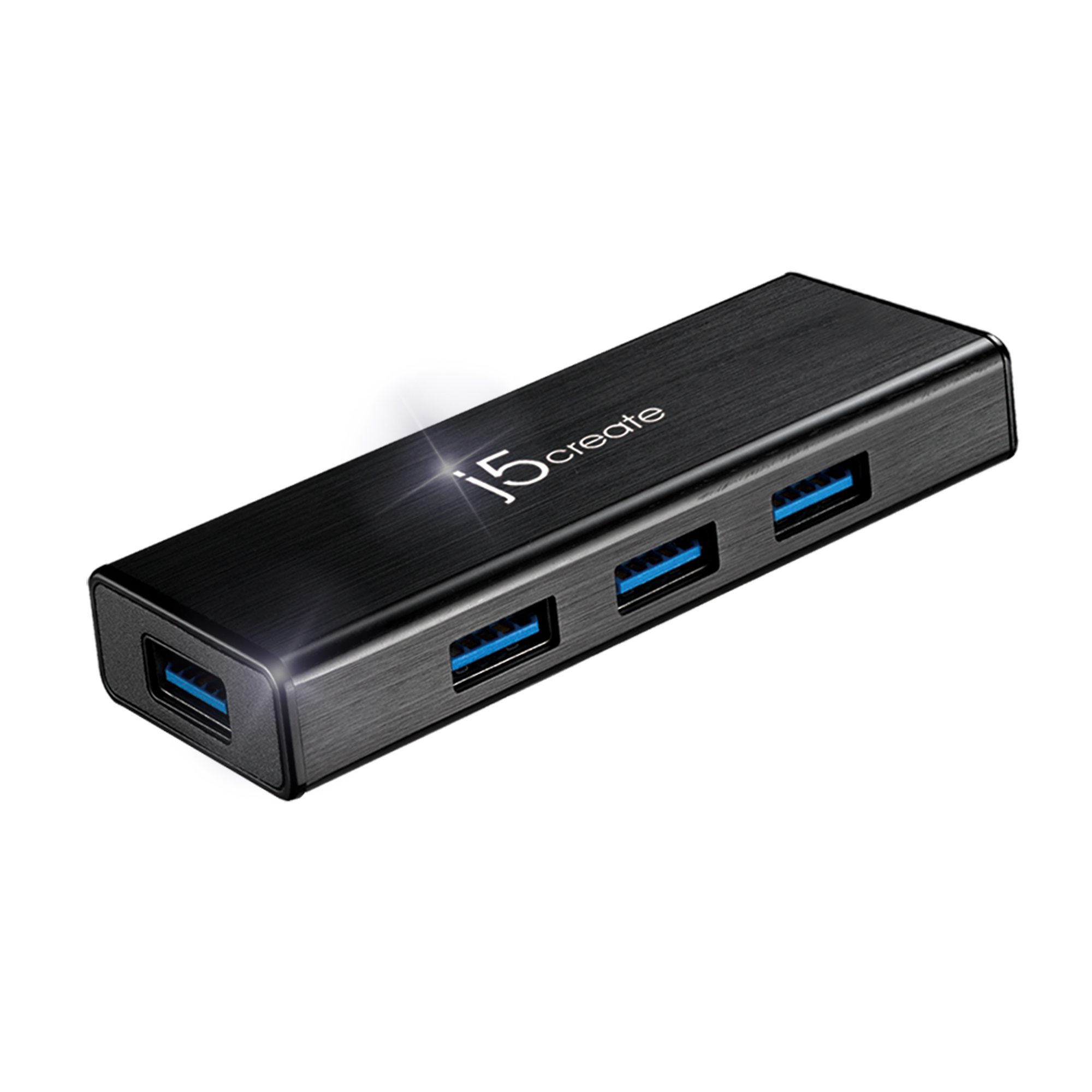 Ein schwarzer USB-Hub mit 4 Anschlüssen. Es ist eine rechteckige Form.
