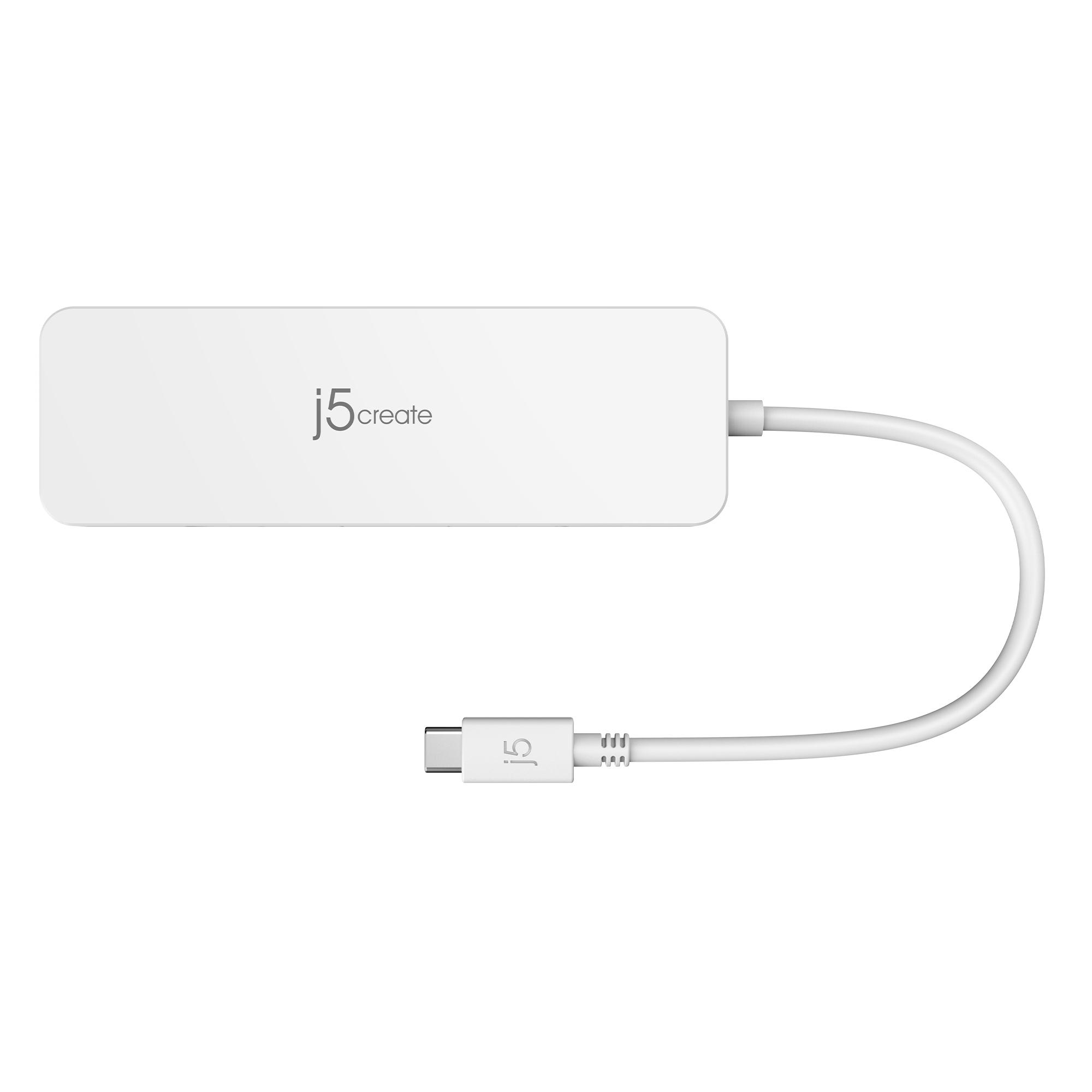 Weißer USB-C-Hub mit angeschlossenem USB-C-Kabel.