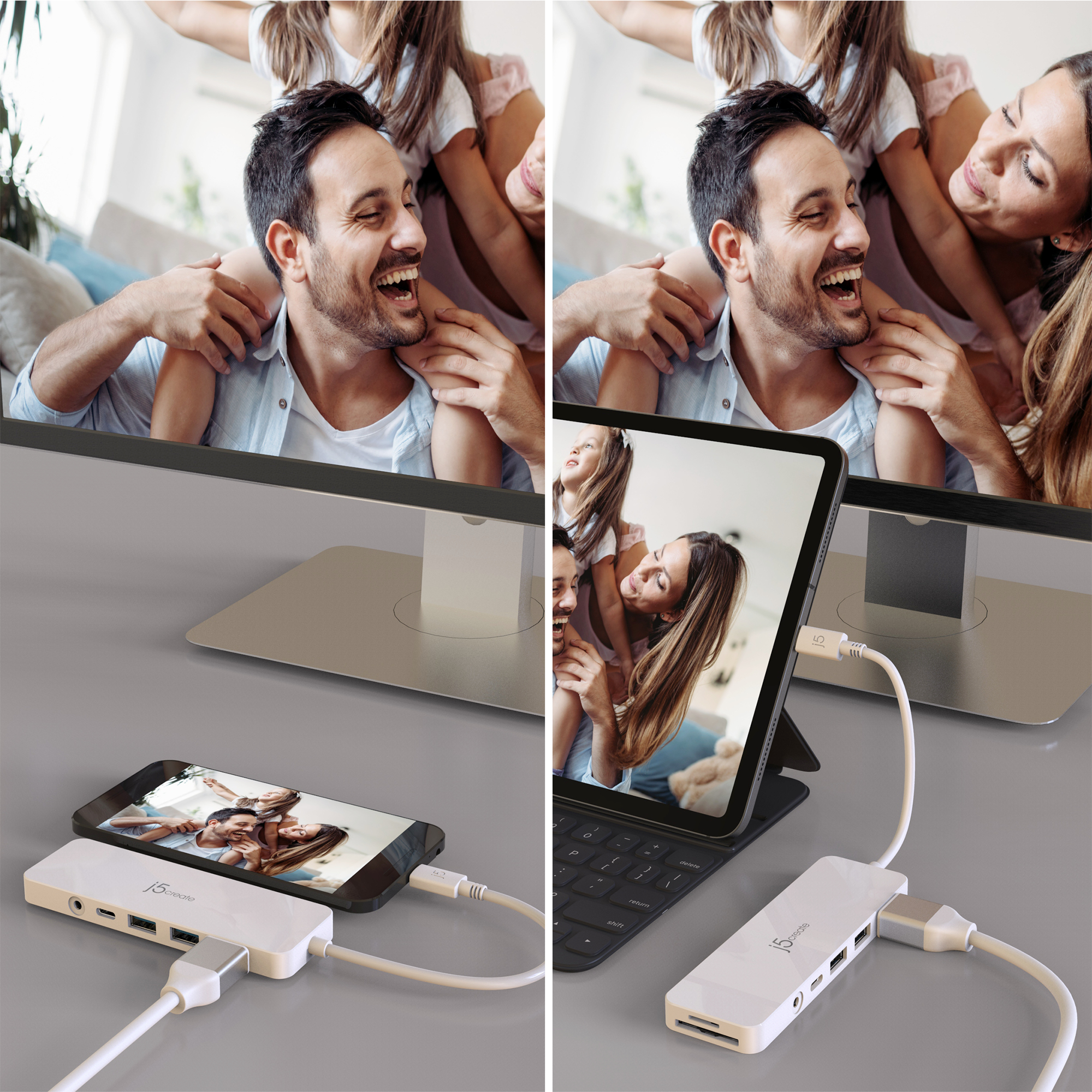 Zwei Bilder nebeneinander. Eines zeigt ein Telefon, das mit einem weißen Hub verbunden ist. Das andere zeigt ein Tablet, das mit dem Hub verbunden ist.