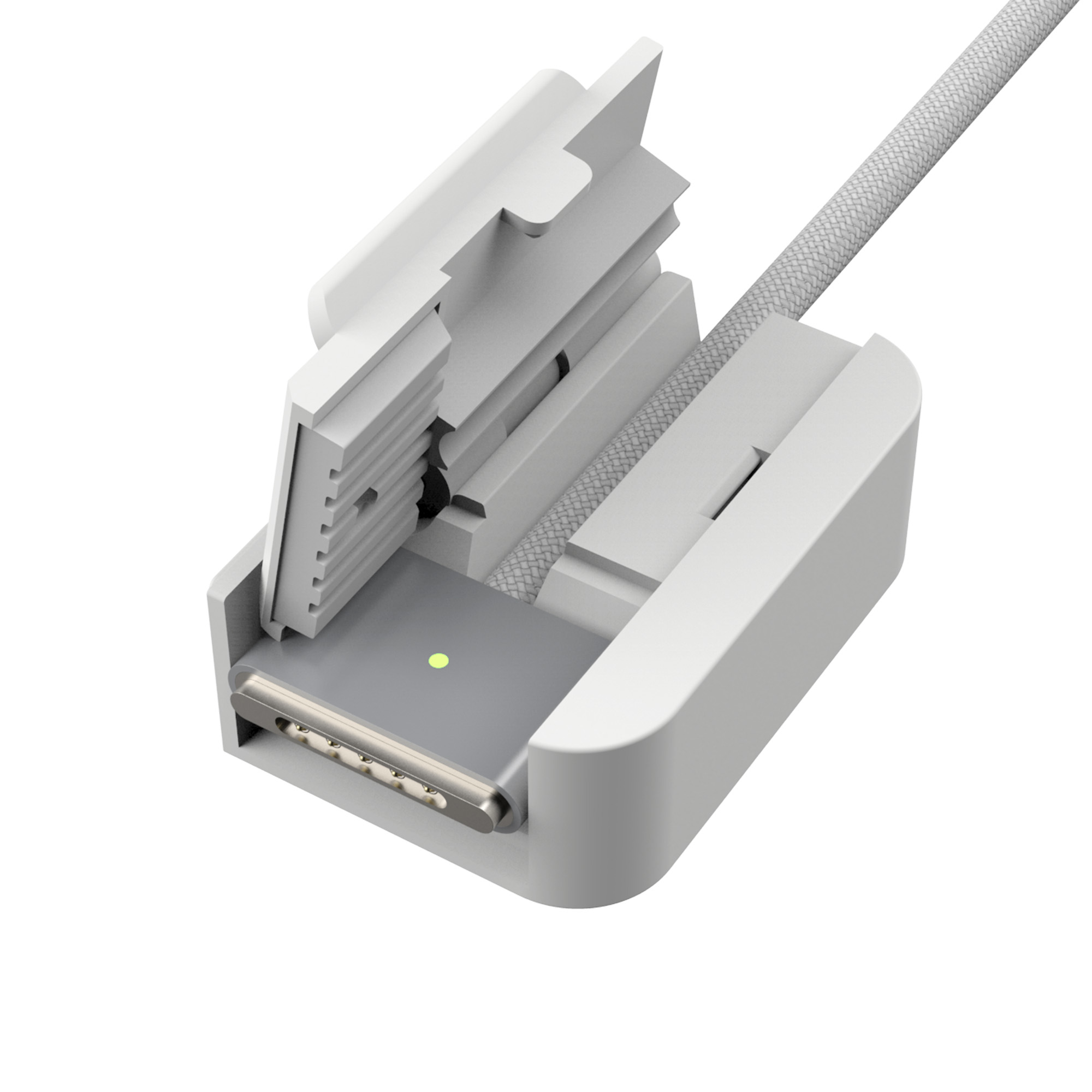 Weißes Ladegerät mit grauem Kabel, das das Detail des Ladeendes zeigt.