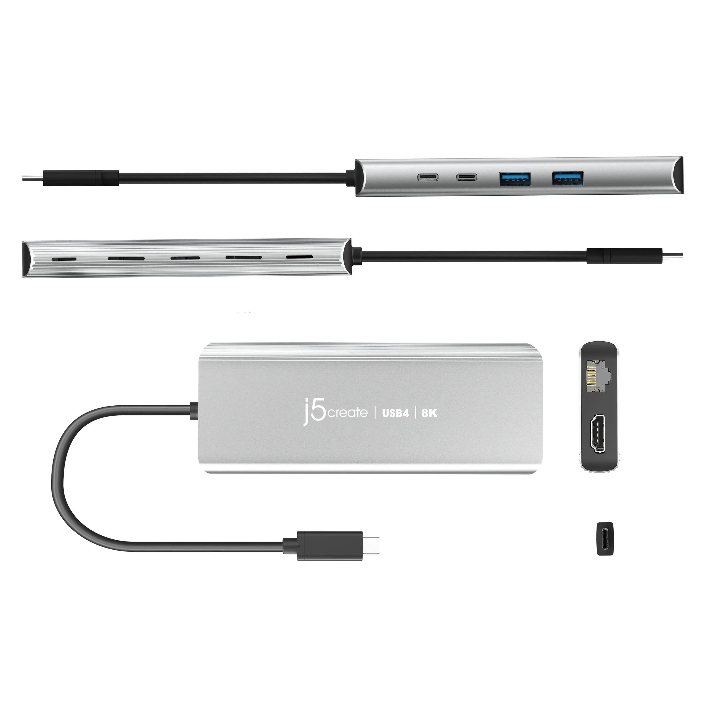 Ein silberner USB-Hub mit mehreren Anschlüssen. Er hat USB-, HDMI- und Ethernet-Anschlüsse sowie einen USB-C-Anschluss.