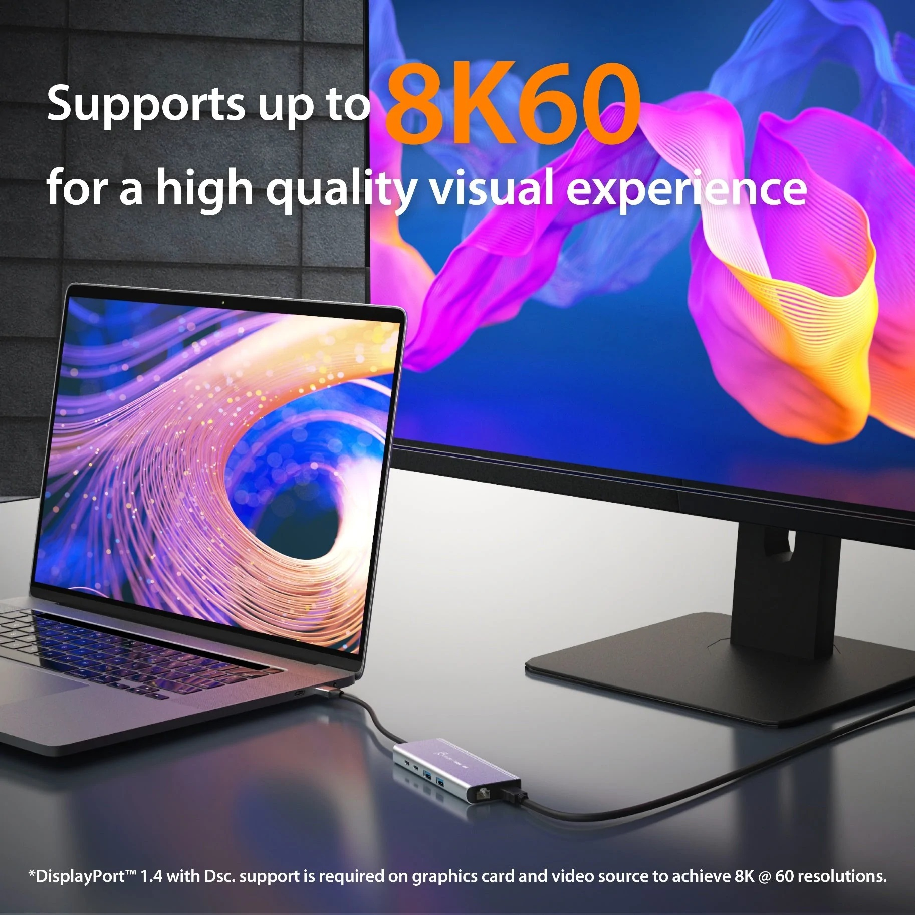 Ein Laptop, der an einen Monitor und einen Hub angeschlossen ist, mit Text über 8K-Auflösung.