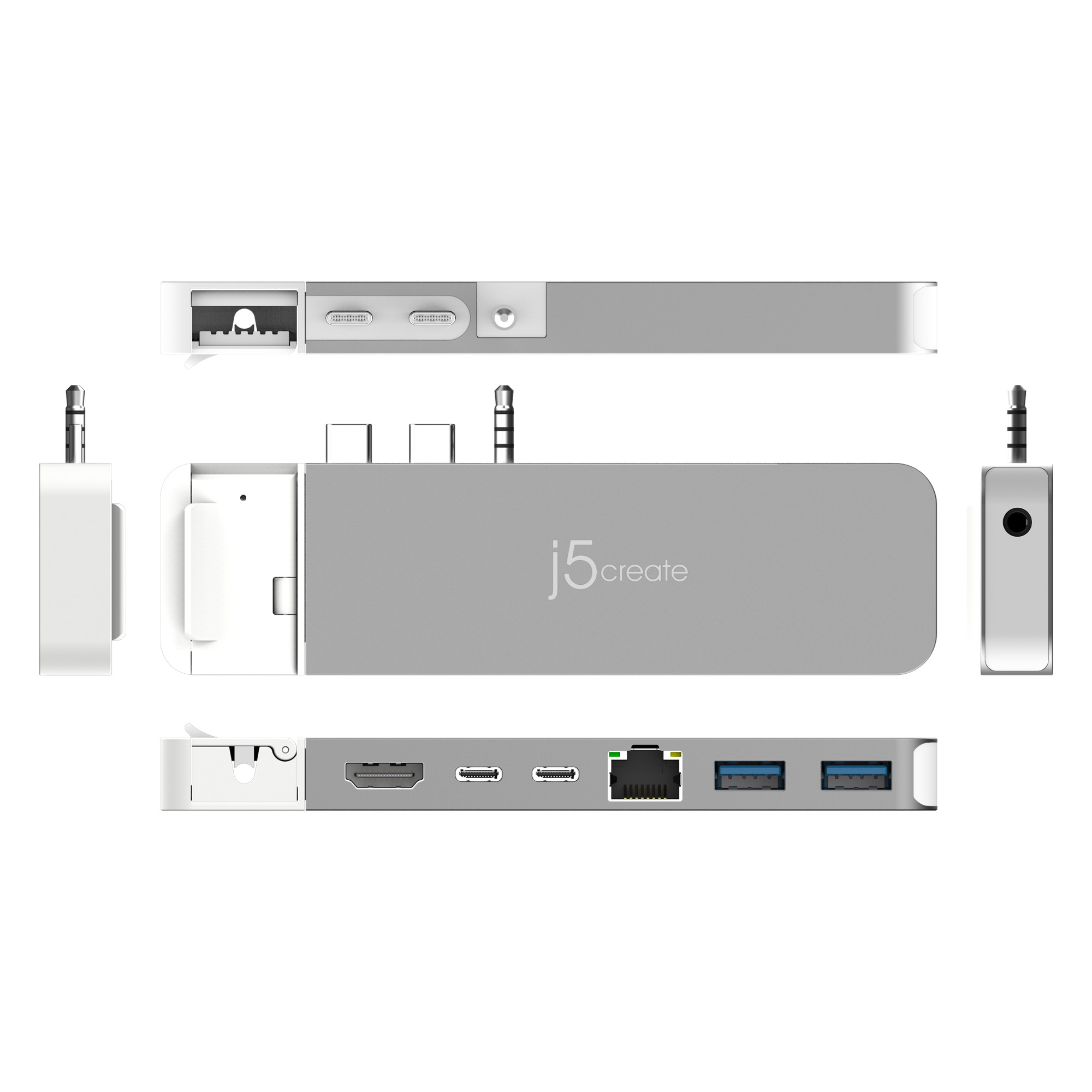 Silbernes j5create-Gerät mit mehreren Anschlüssen. Es hat HDMI-, USB- und Ethernet-Anschlüsse. Weißer Hintergrund.