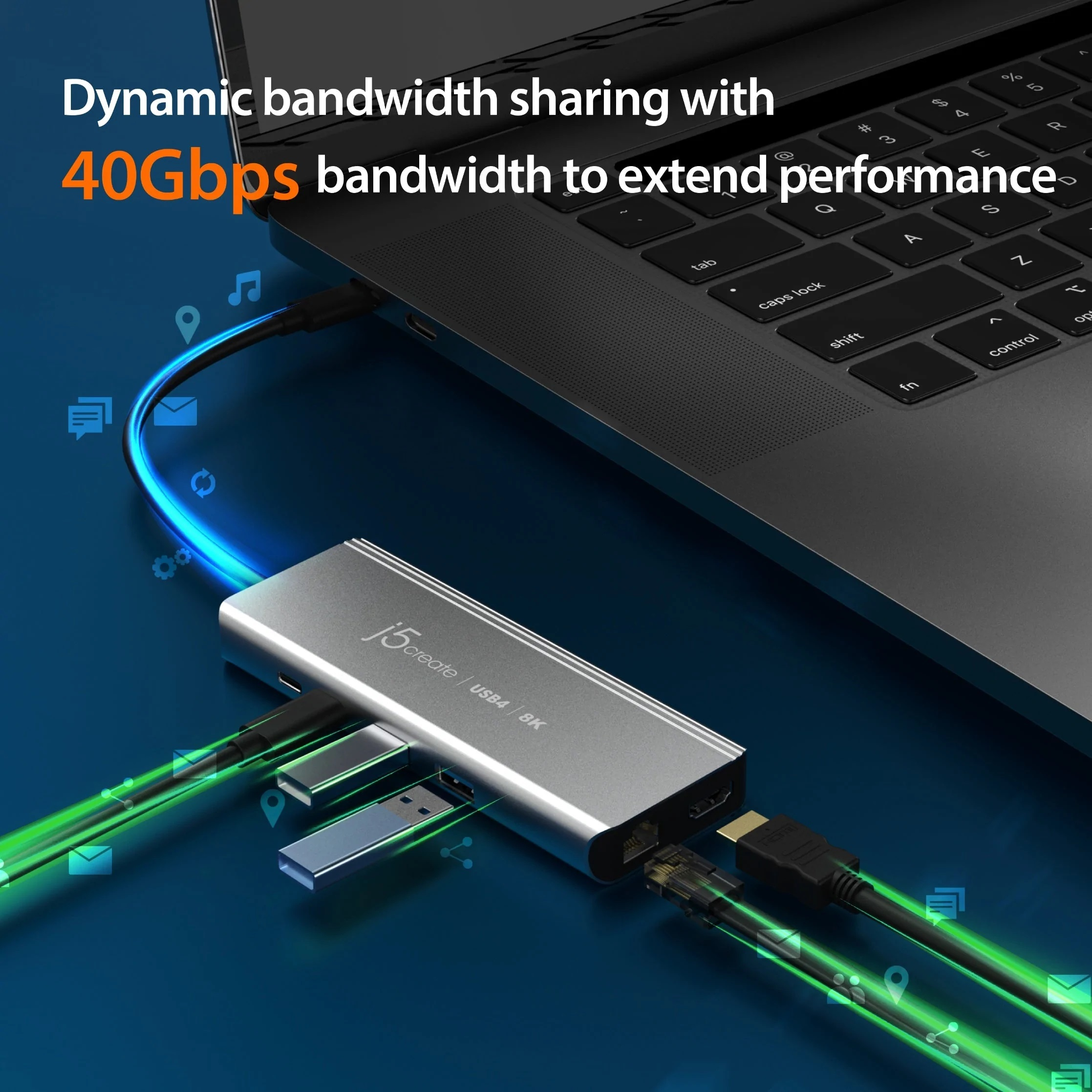Ein silberner Hub mit angeschlossenen Kabeln und dem Text 'Dynamic bandwidth sharing'.