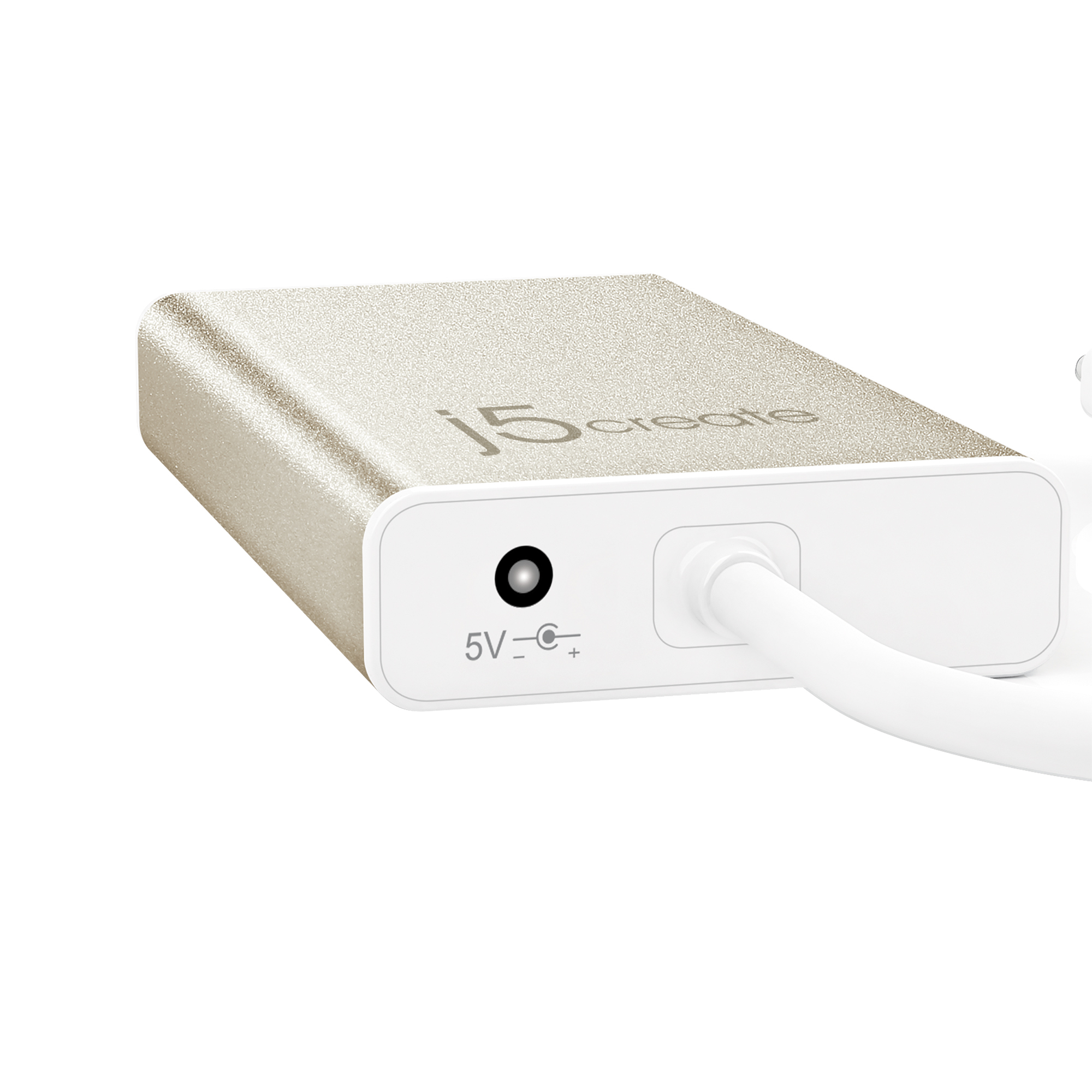 Goldener j5create-Netzadapter mit Anschluss und weißem Kabel.