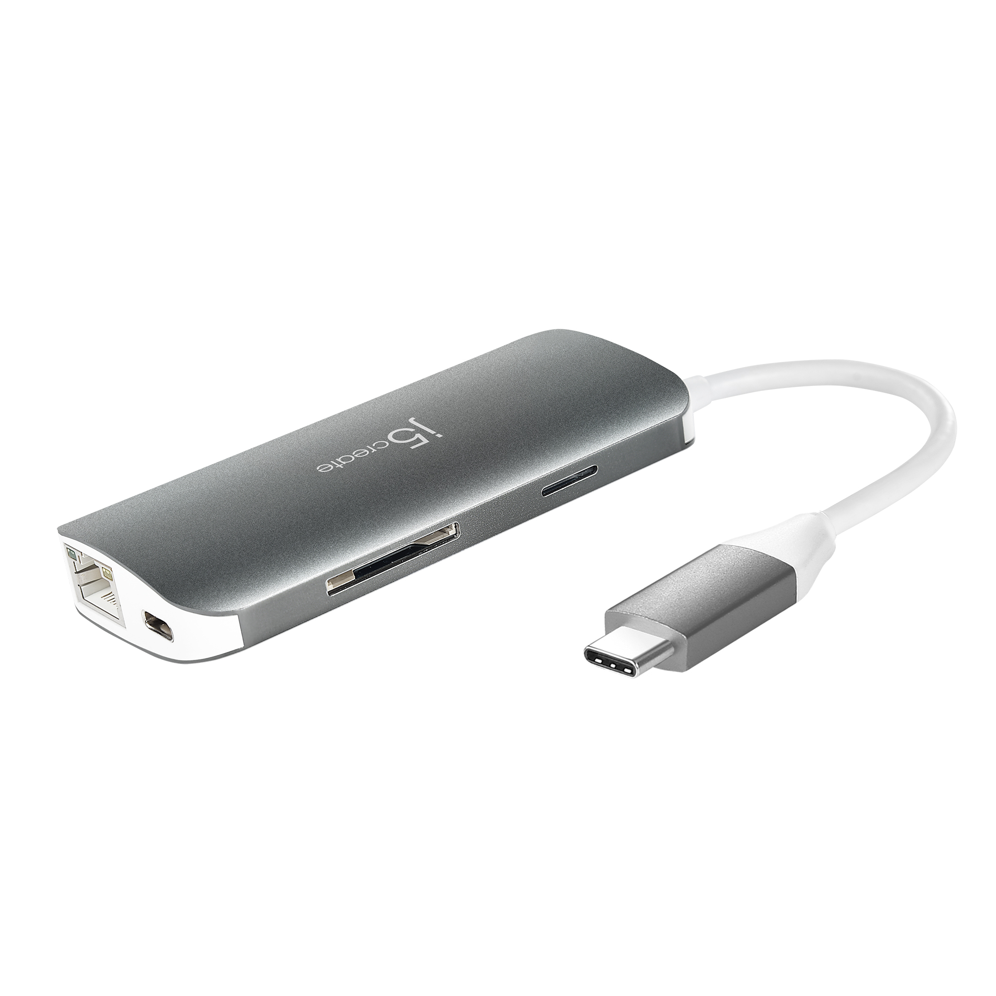 Silberner USB-Hub mit weißem Kabel und USB-C-Anschluss. Weißer Hintergrund.