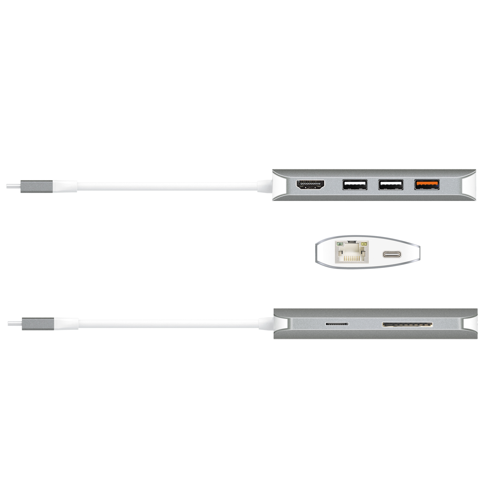 Silberner Multiport-Adapter mit Kabel. Zeigt HDMI, USB und einen Ladeanschluss.