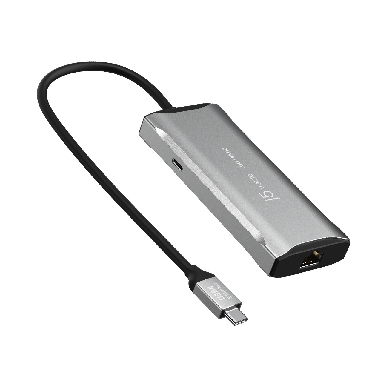 Silberner USB-C-Adapter mit schwarzem Kabel. Der Adapter hat einen USB-C- und einen USB-Anschluss.