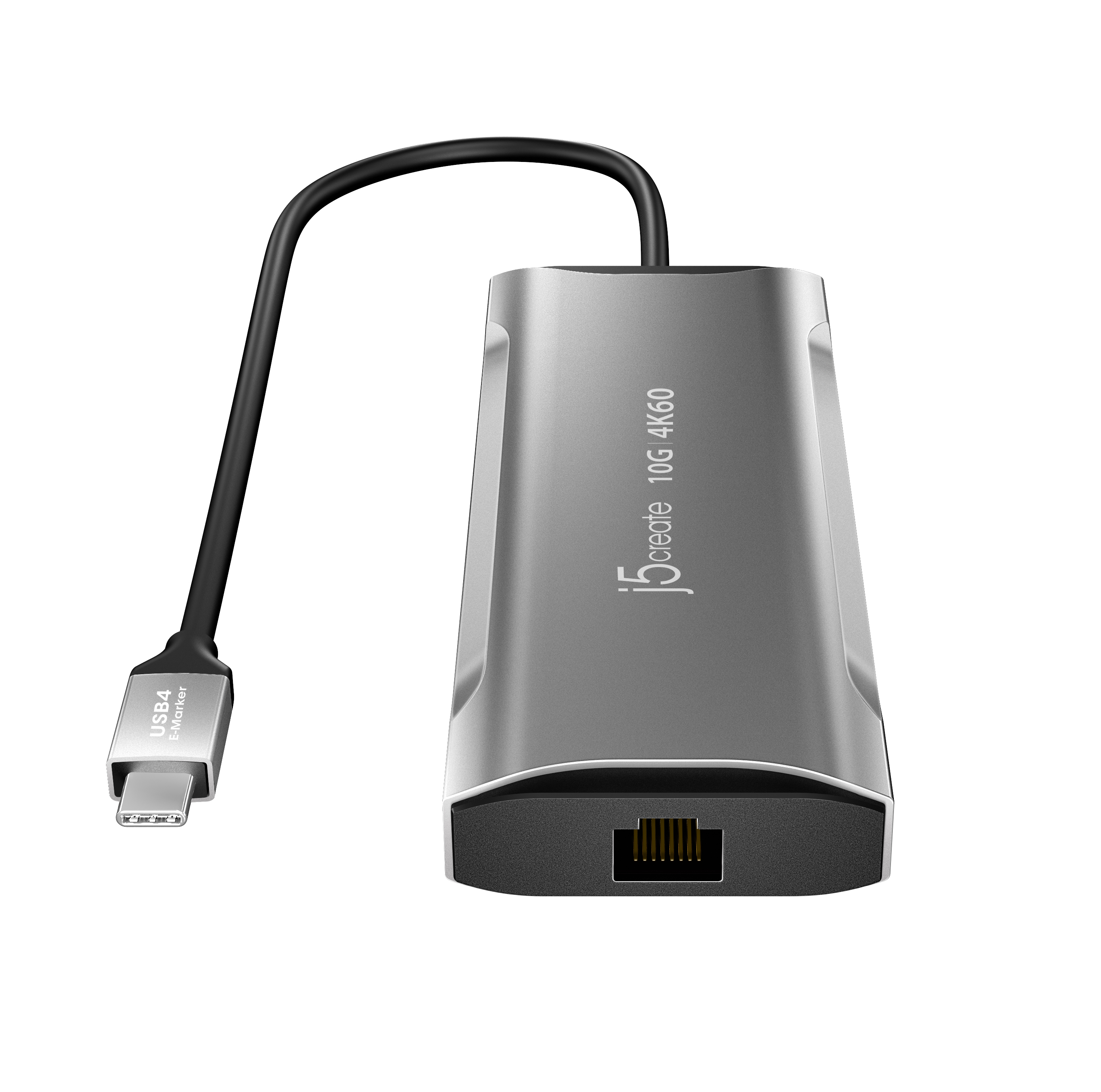 Ein silberner USB-C-zu-Ethernet-Adapter mit schwarzem Kabel, isoliert vor weißem Hintergrund.