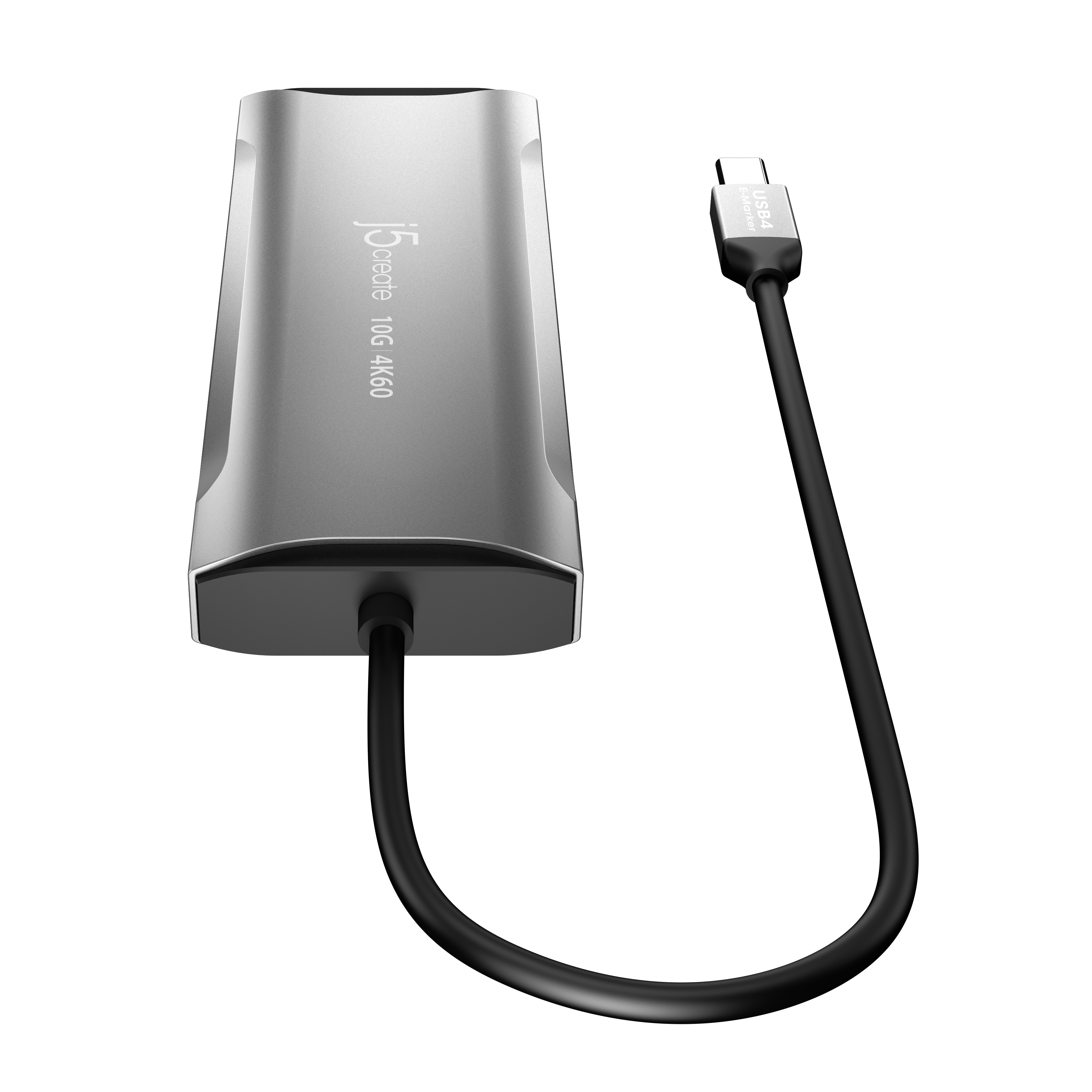 Ein silberner USB-C-Adapter mit schwarzem Kabel. Der Adapter ist metallisch, das Kabel ist an der Basis befestigt.