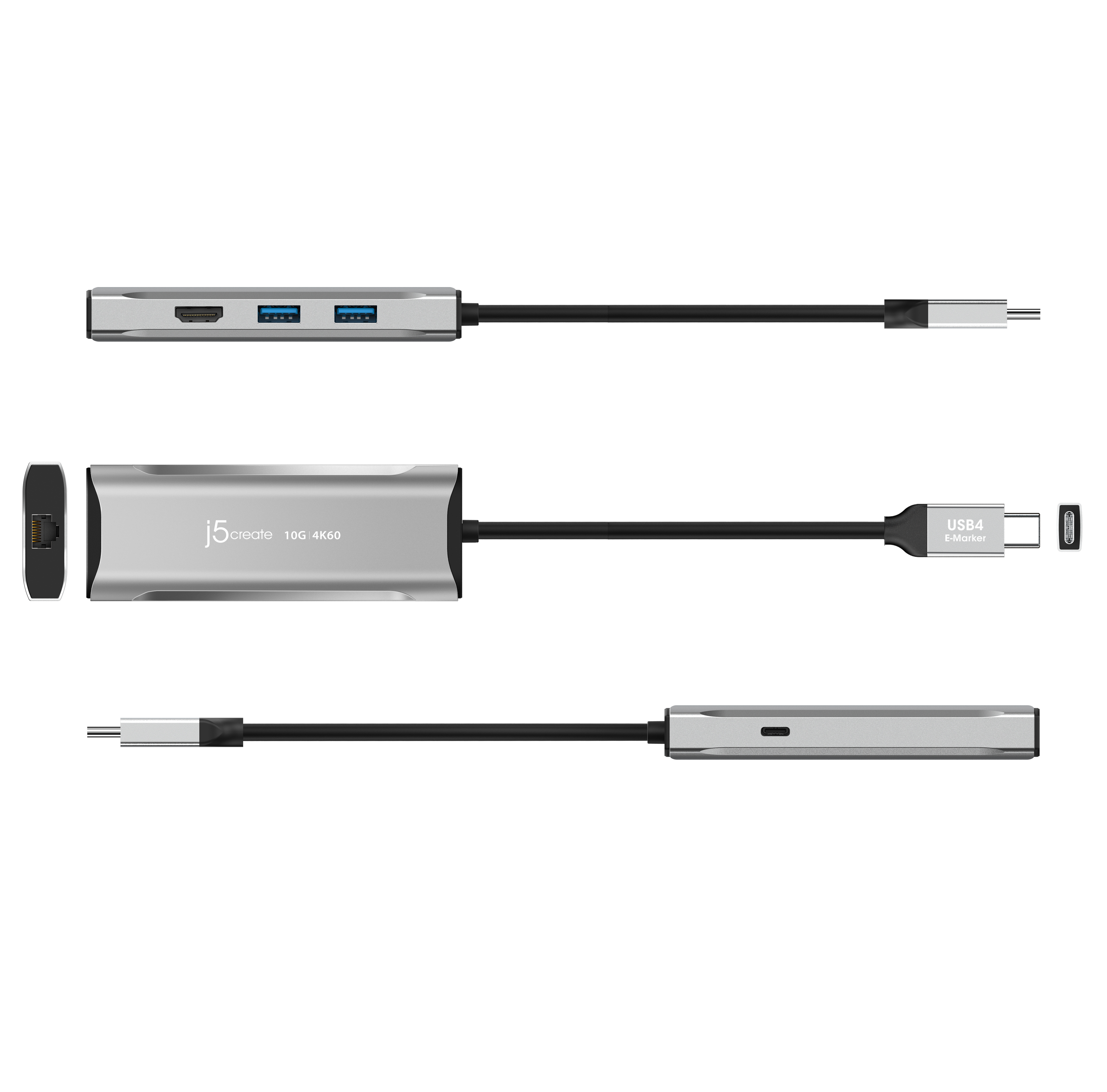 Silberner USB-C-Hub mit mehreren Anschlüssen und Kabeln.