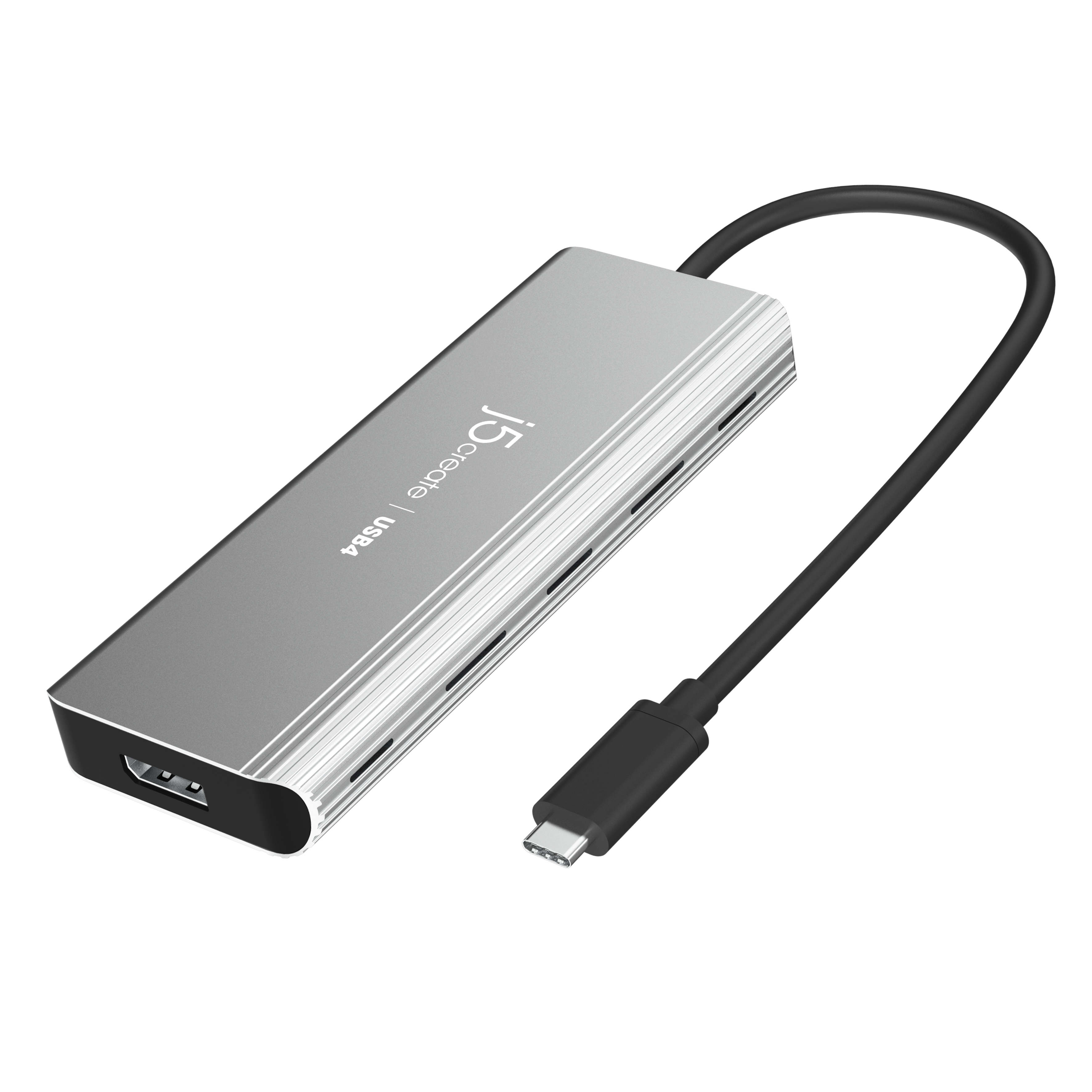 Silberner USB-C-Hub mit mehreren Anschlüssen und einem schwarzen Kabel mit USB-C-Stecker.